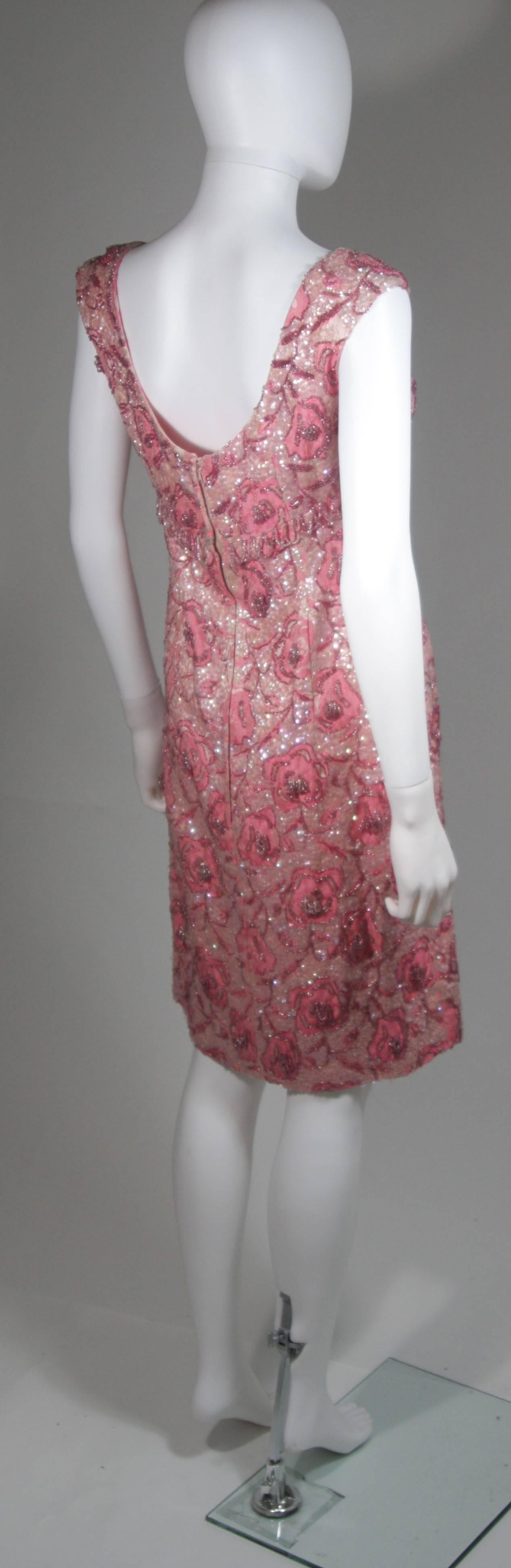 Women's 1960's SAKS 5TH AVE Pink Floral Brocade Hand Beaded Cocktail Dress Sz 4 For Sale
