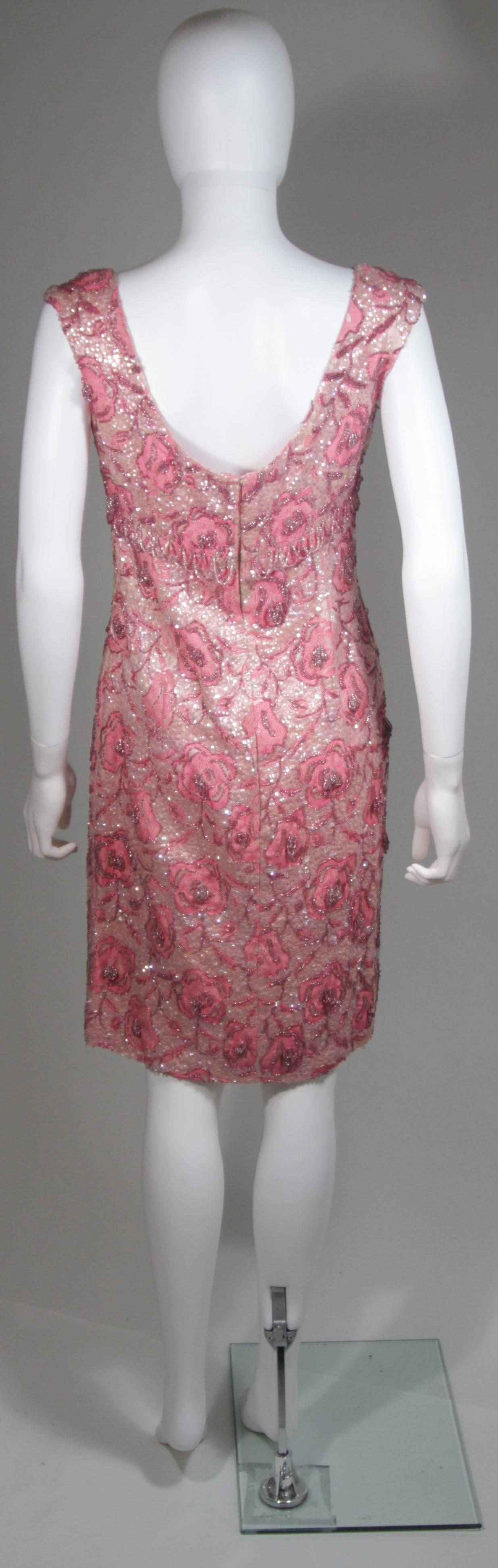 1960's SAKS 5TH AVE Pink Floral Brocade Hand Beaded Cocktail Dress Sz 4 For Sale 2