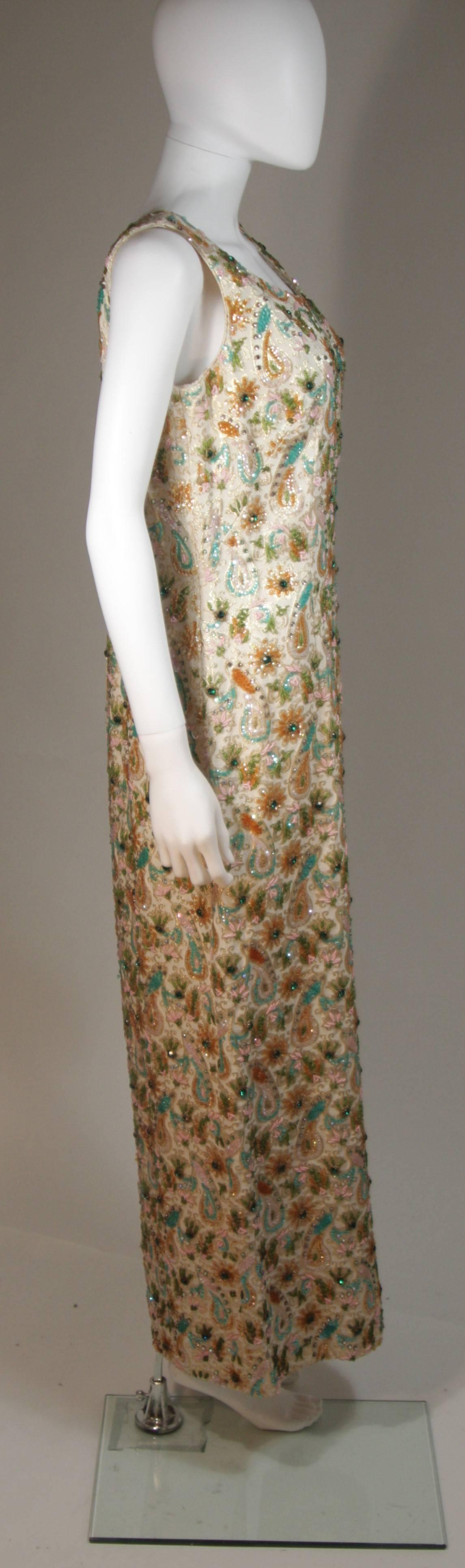 1960's Creme & Gold Seidenbrokat Hand Perlen und bestickt Kleid Größe 16 Damen