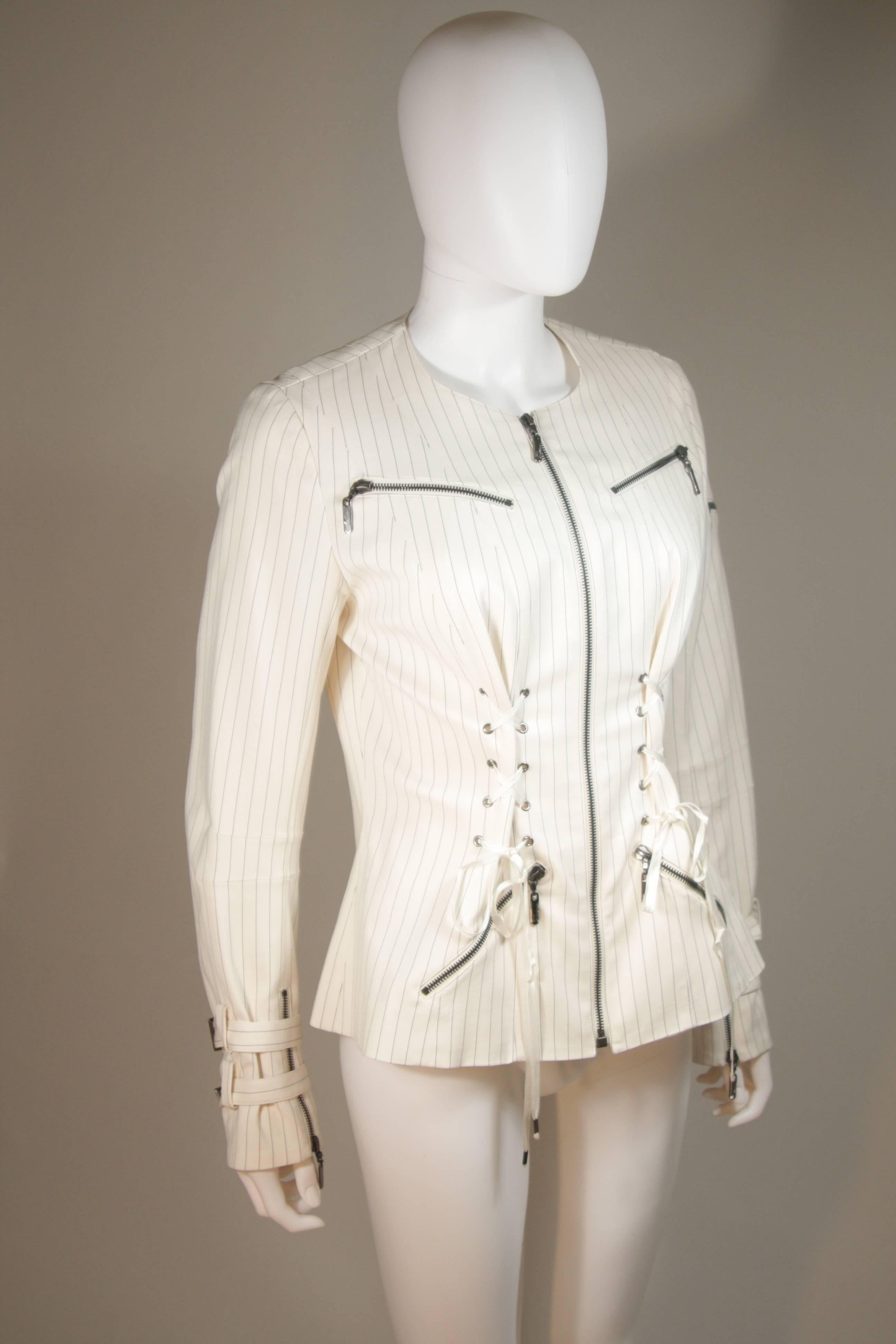 Beige JOHN GALLIANO Off White Pinstripe Zipper Jacket with Corset Details Size 42