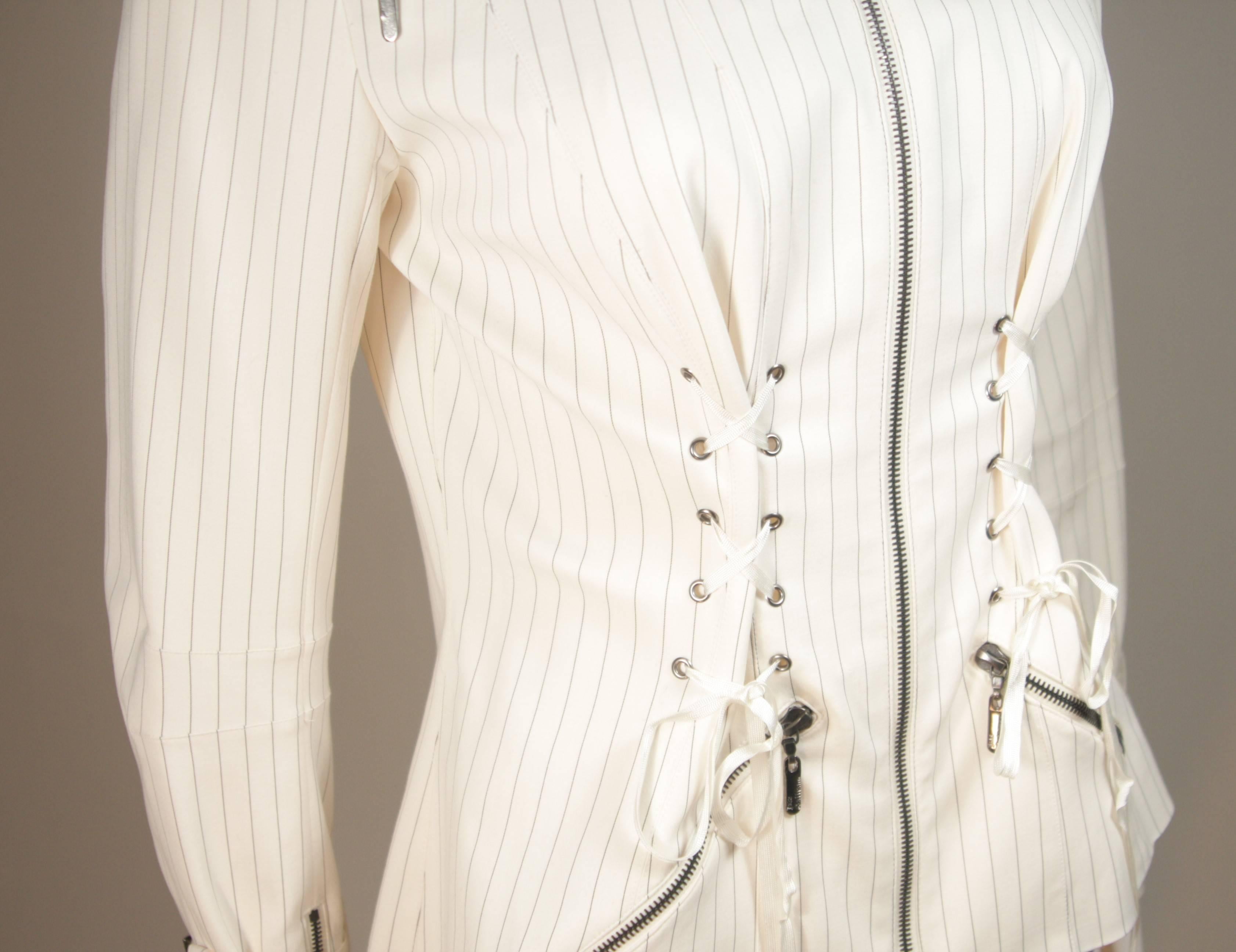 JOHN GALLIANO Off White Pinstripe Zipper Jacket with Corset Details Size 42 In Excellent Condition In Los Angeles, CA