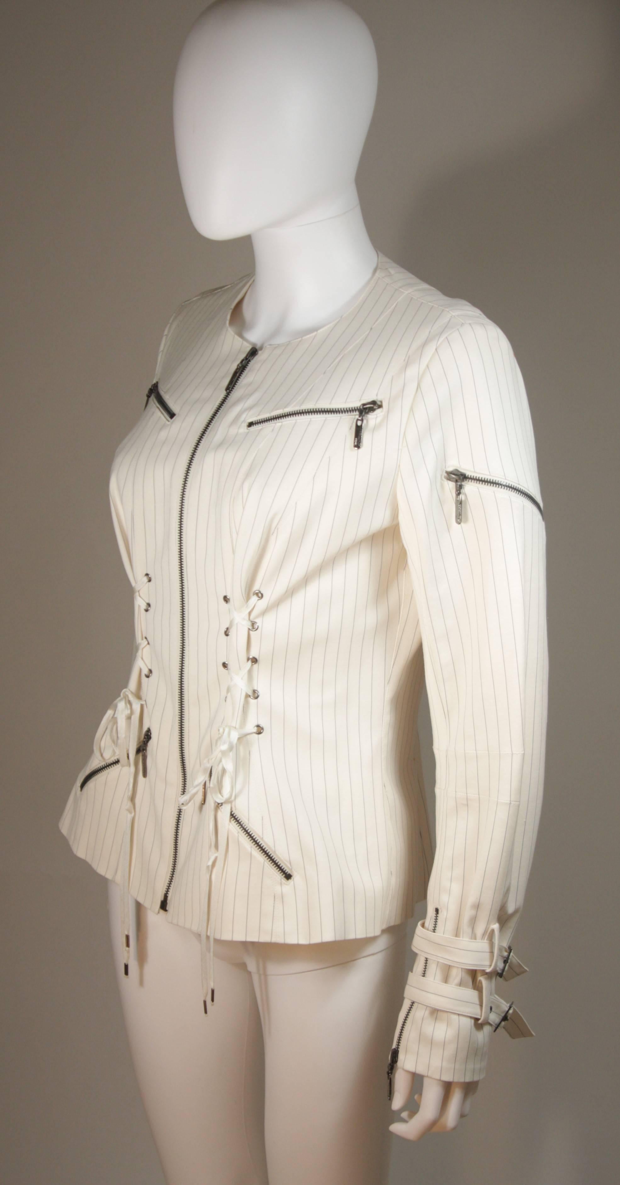 Women's JOHN GALLIANO Off White Pinstripe Zipper Jacket with Corset Details Size 42
