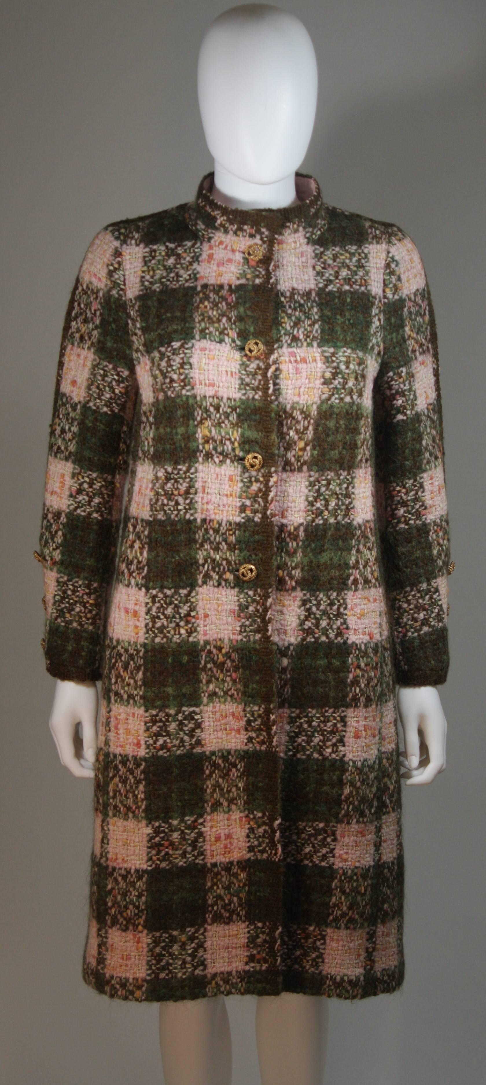 Black CHANEL Haute Couture Circa 1960s Green and Pink Boucle Coat Size Small