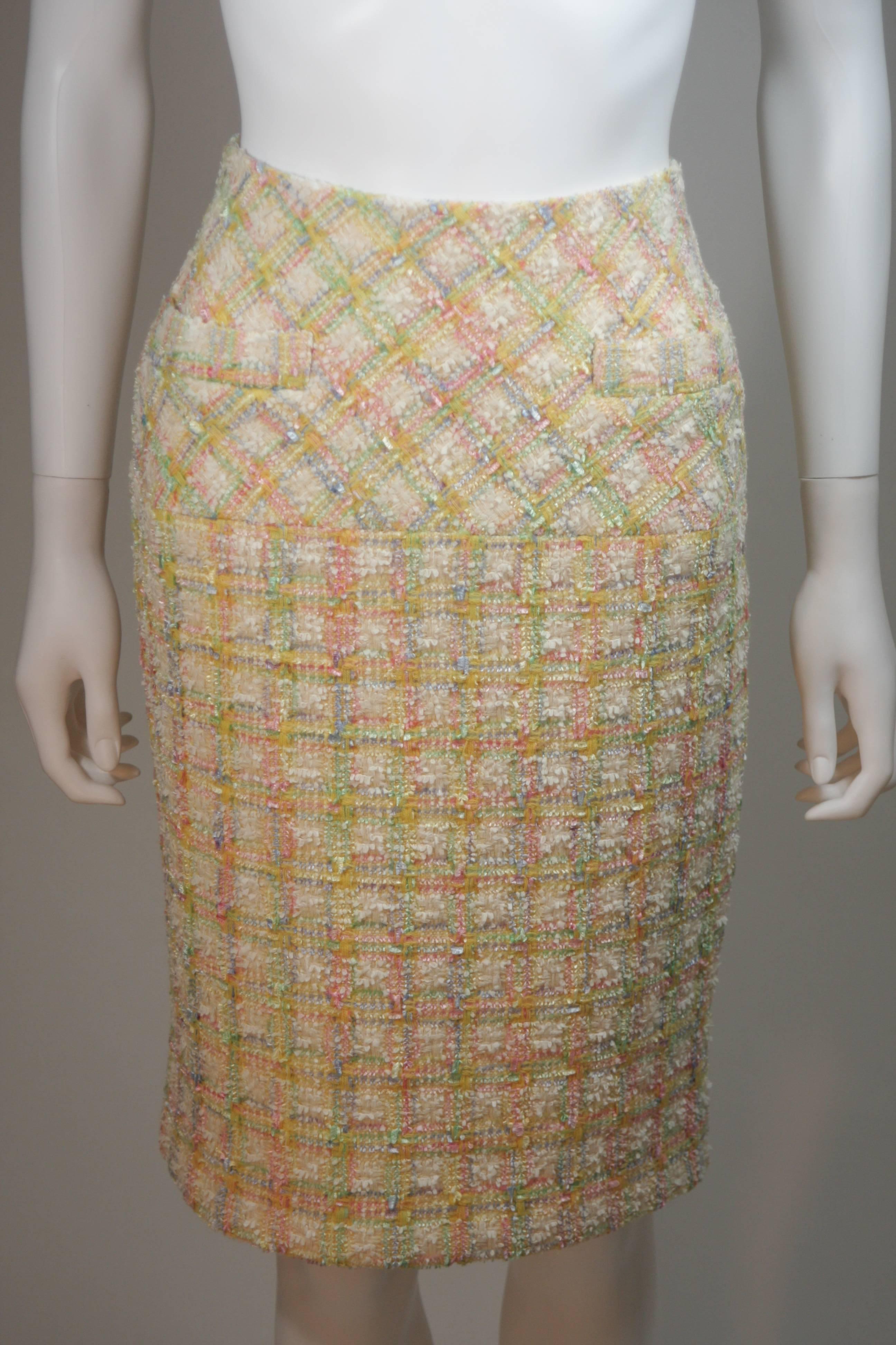 CHANEL Pastel Cream Yellow and Pink Skirt Suit Size 42 5