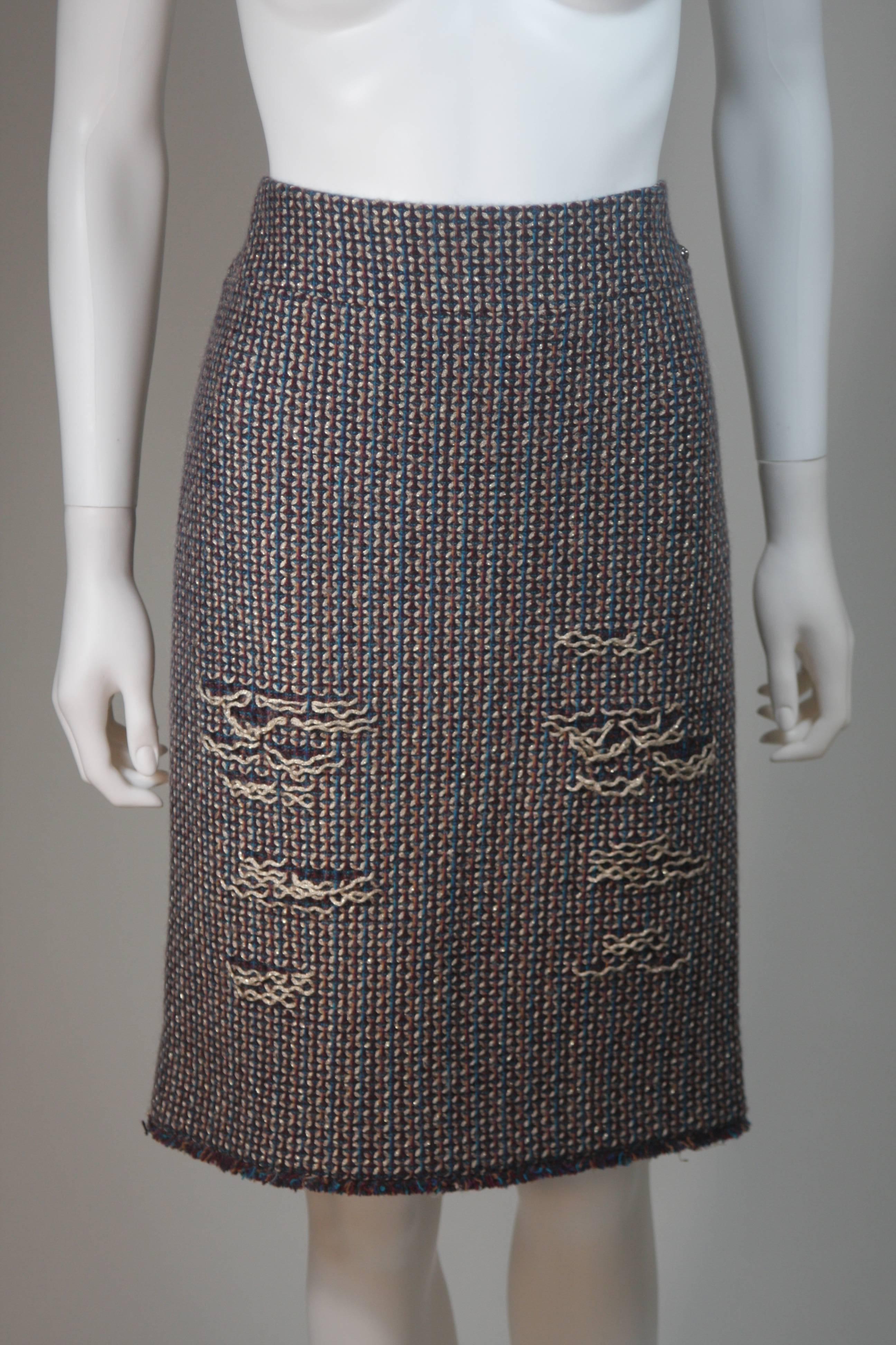 CHANEL Gold Metallic Tweed with Brown and Burgundy Skirt Suit Size 40 4