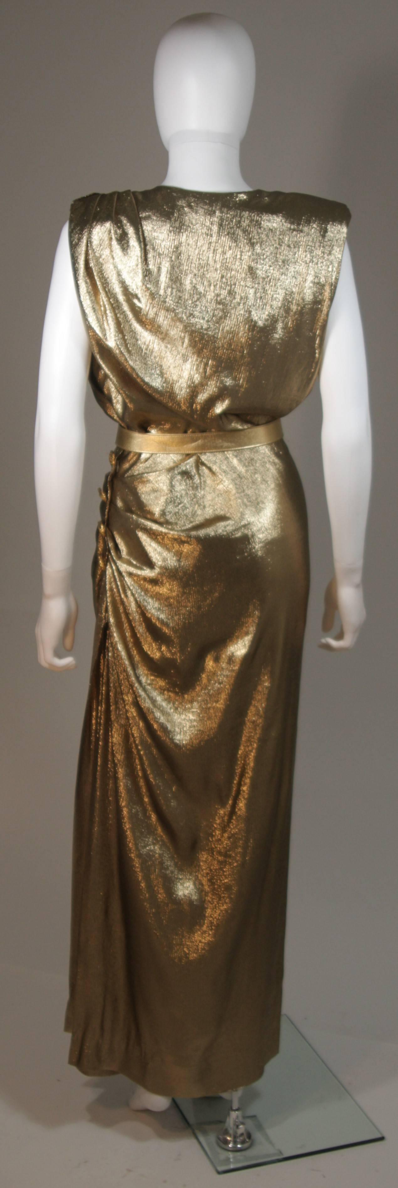 YVES SAINT LAURENT Gold Silk Lame Draped Gown with Belt Size 38 5