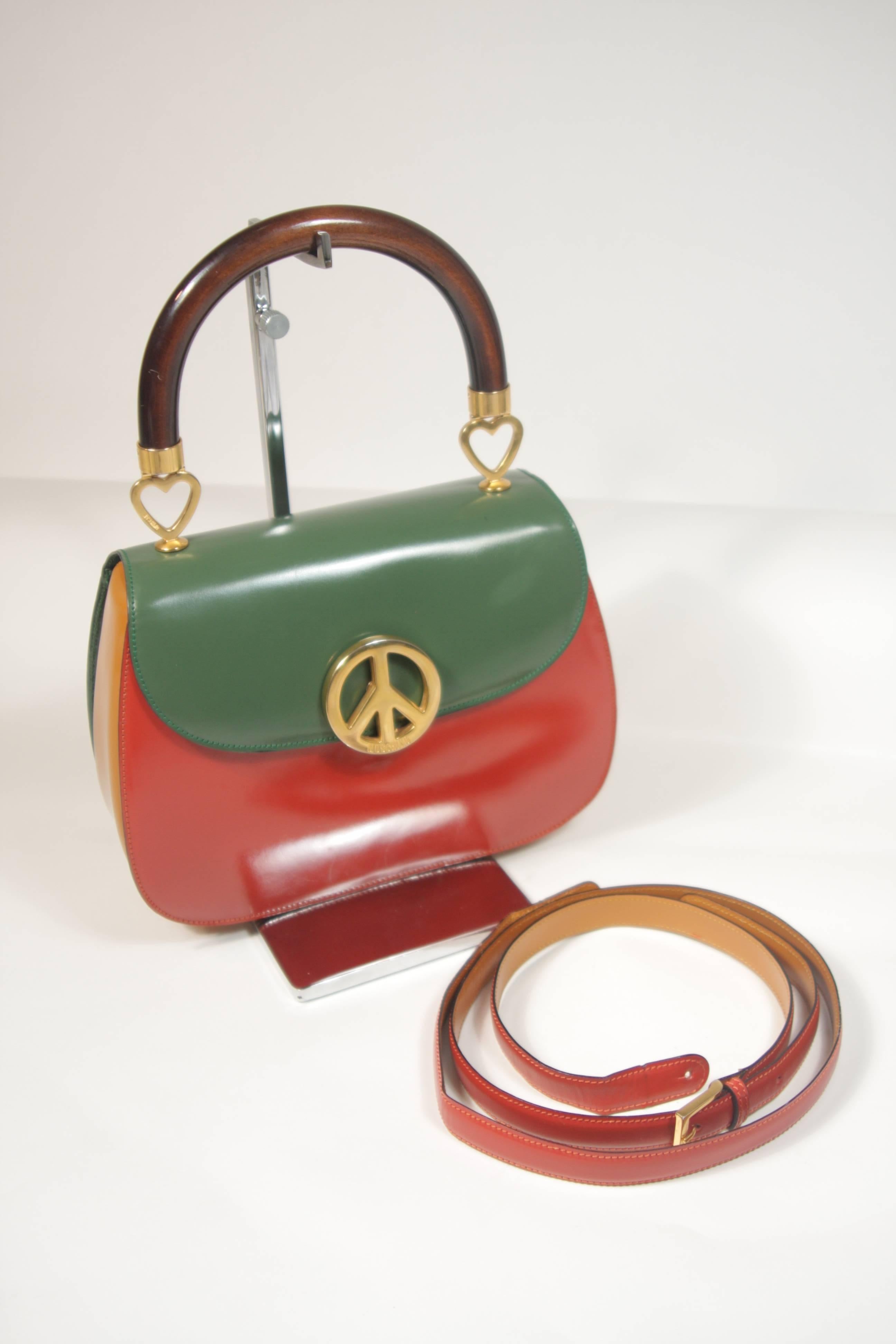 MOSCHINO Peace & Love Color Block Leather Purse with Wood Handle Optional Strap 1