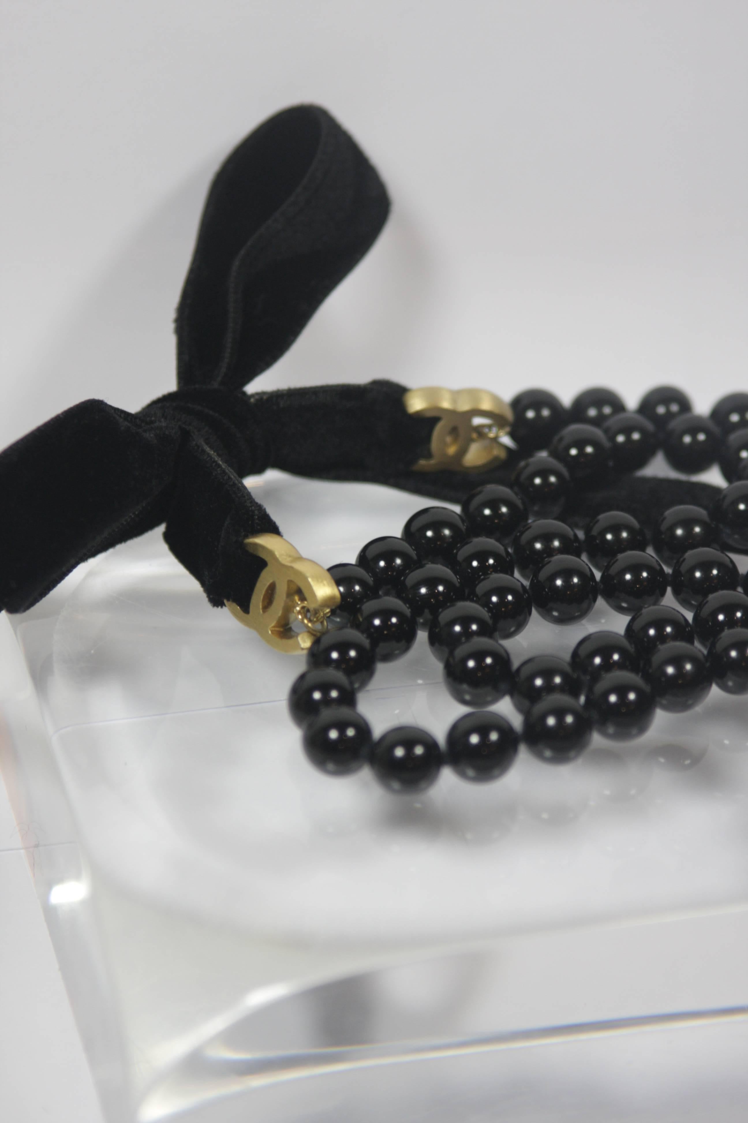 CHANEL Black Bead Necklace or Belt with Velvet Ties and Gold Tone Hardware 1