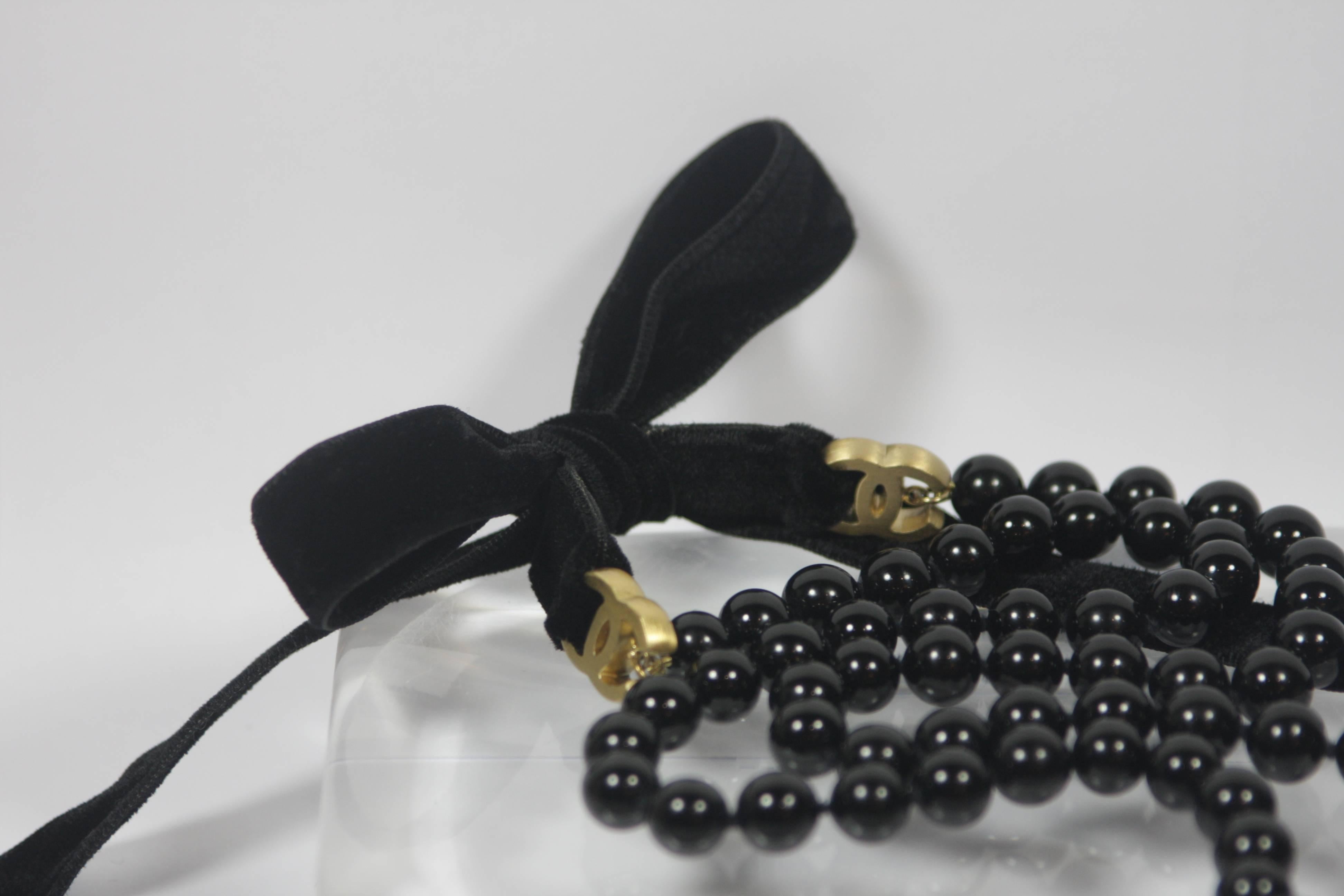 Women's CHANEL Black Bead Necklace or Belt with Velvet Ties and Gold Tone Hardware