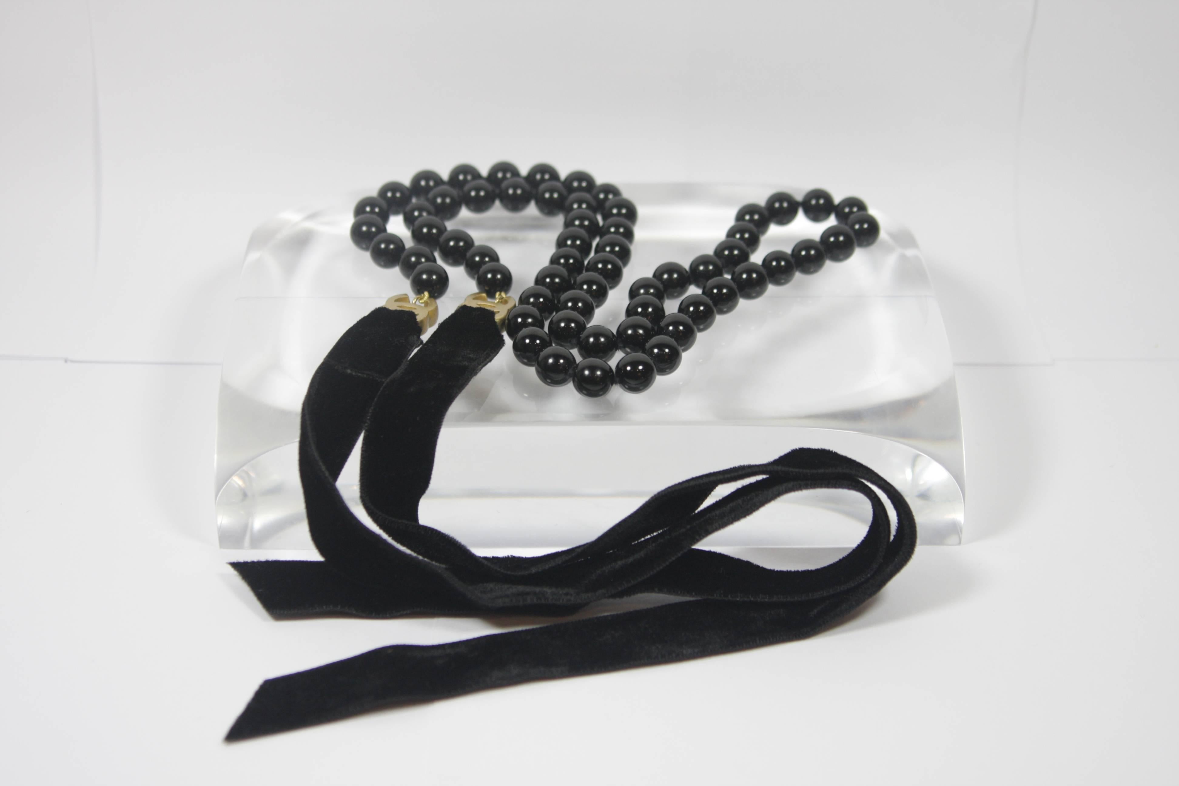 CHANEL Black Bead Necklace or Belt with Velvet Ties and Gold Tone Hardware 2