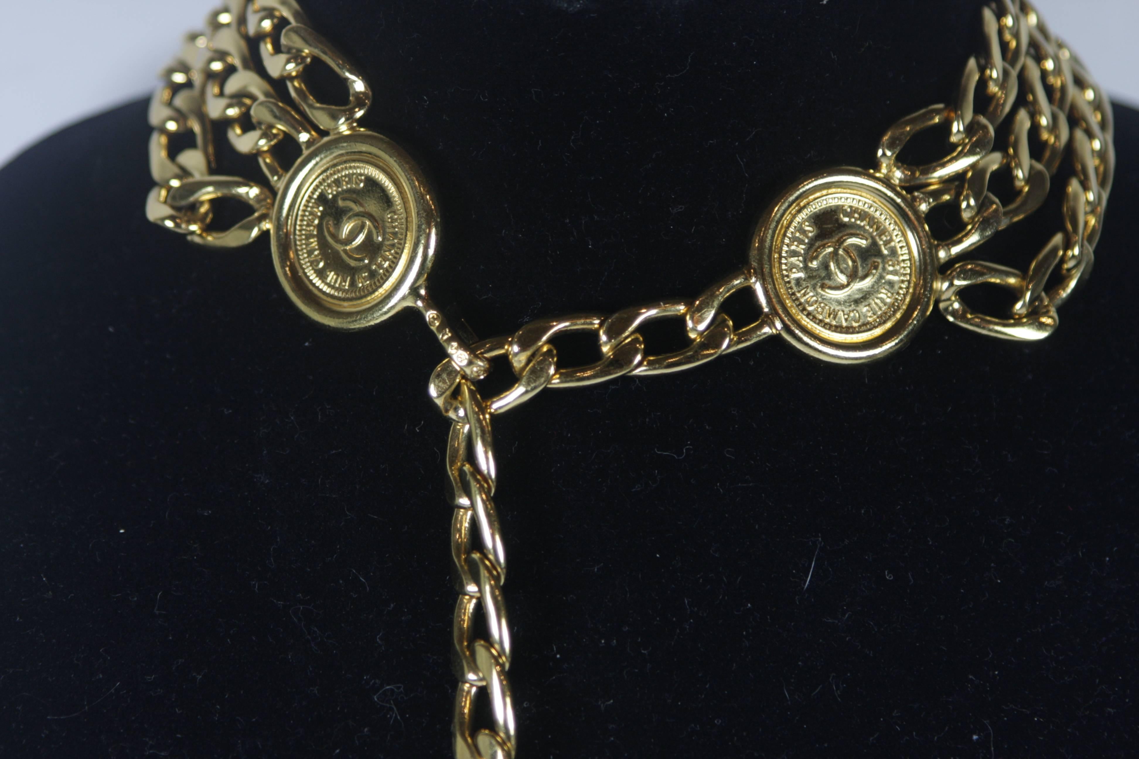 CHANEL Gold Tone Triple Strand Detail Kette Link Gürtel Halskette Open Size 2