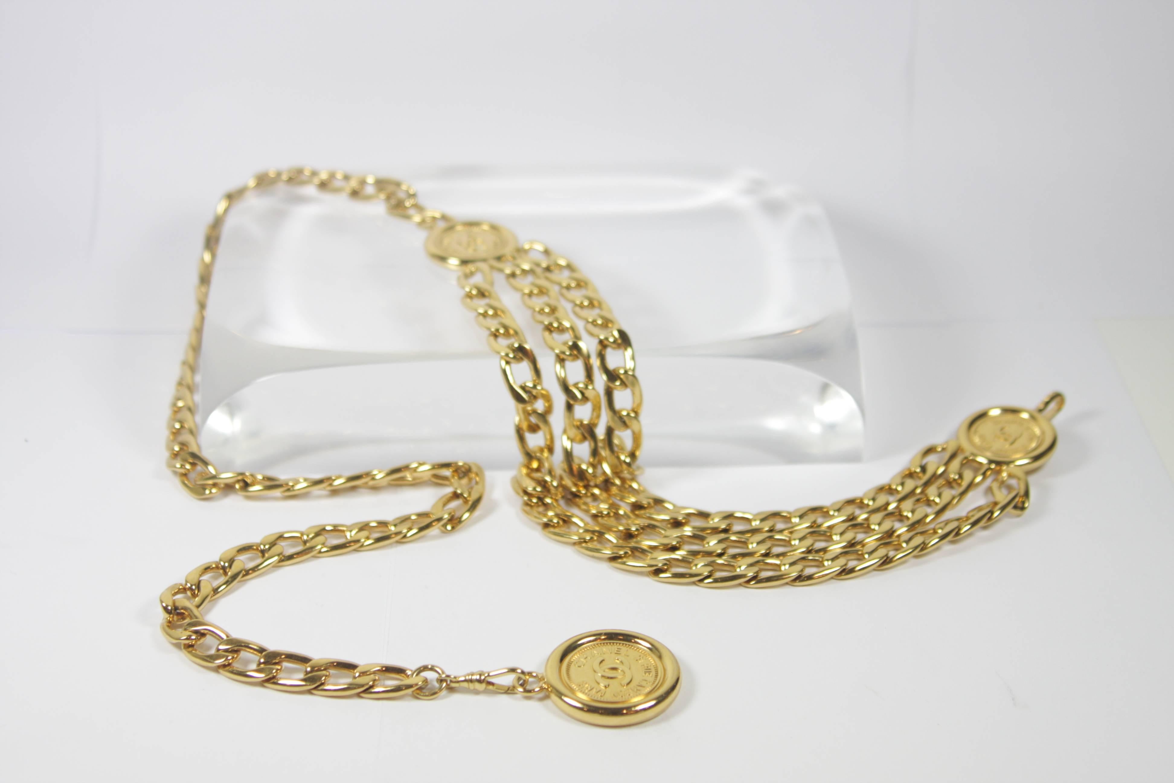 Women's CHANEL Gold Tone Triple Strand Detail Chain Link Belt Necklace Open Size