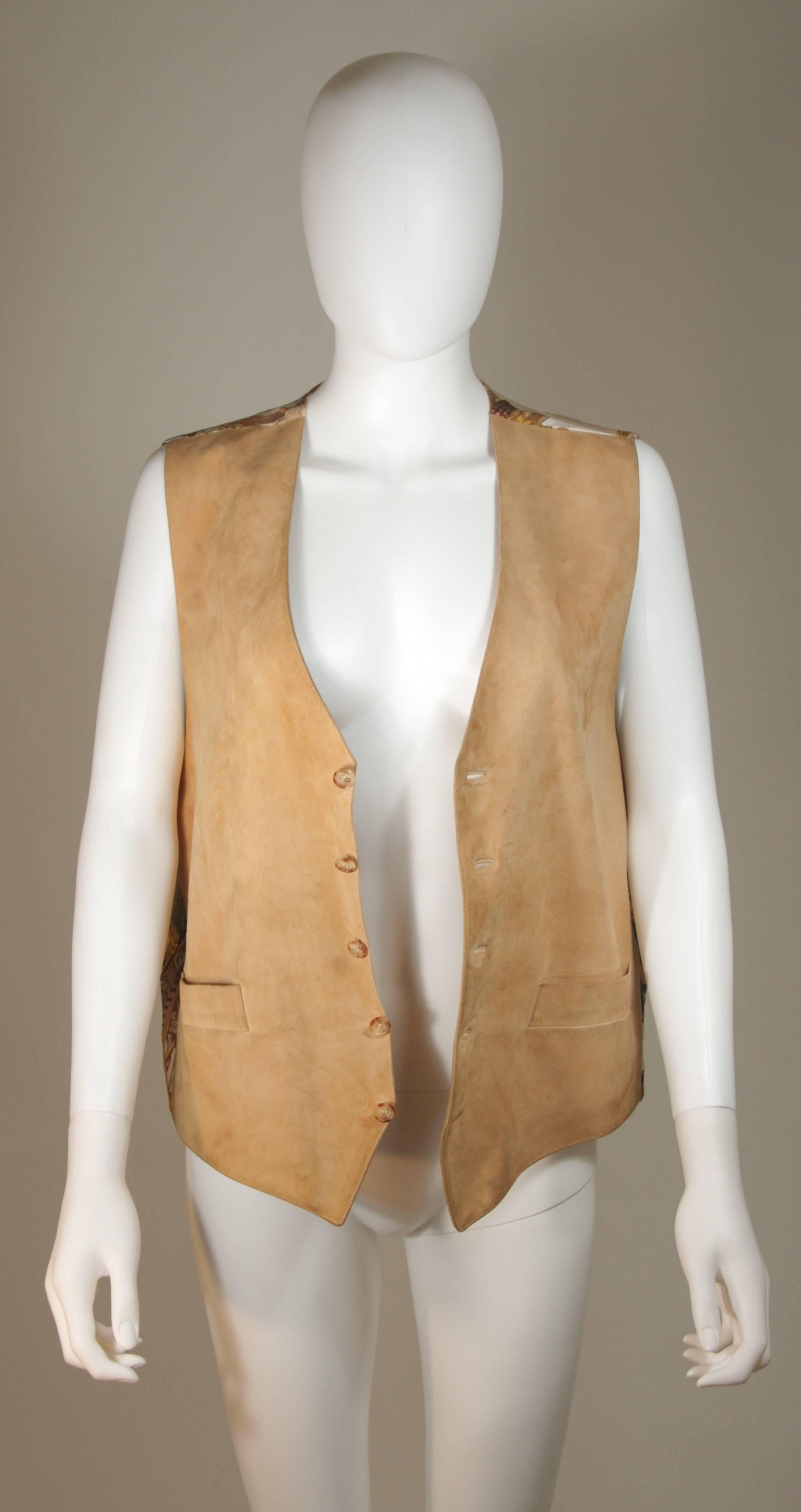 Brown HERMES 'Automobile' Silk Print vest with Suede Front Size 54