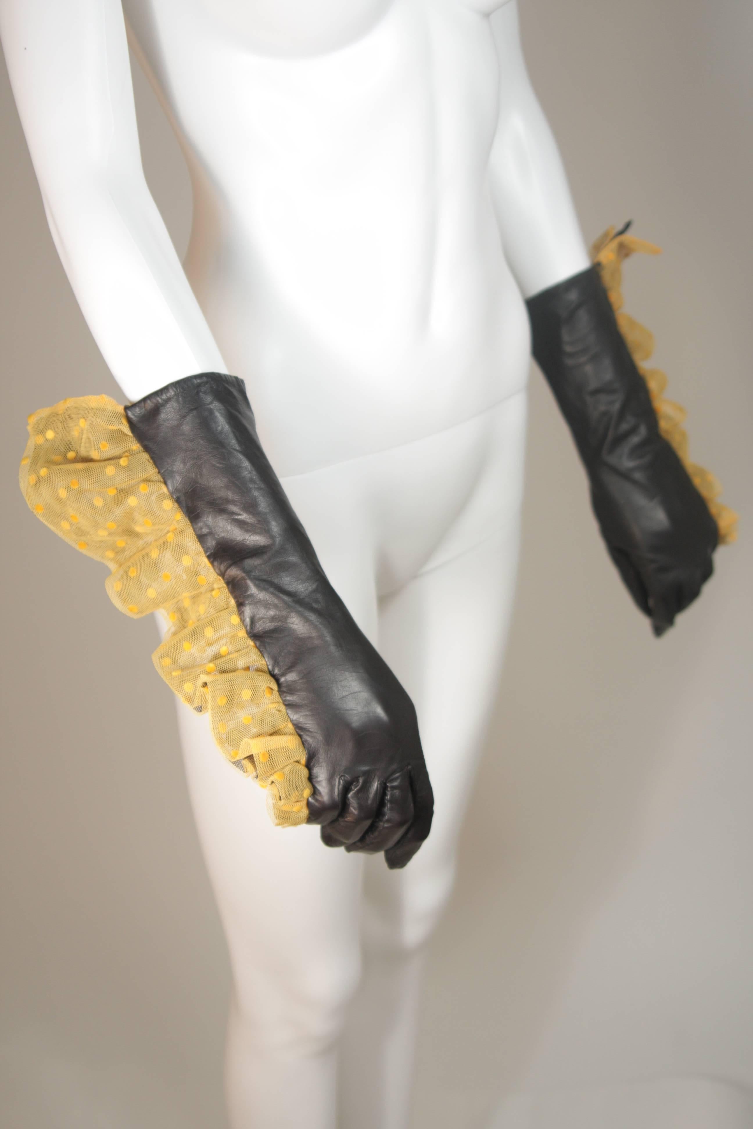 VINTAGE Black Ruffle Gloves With Polka Dot Mesh Size 7 1