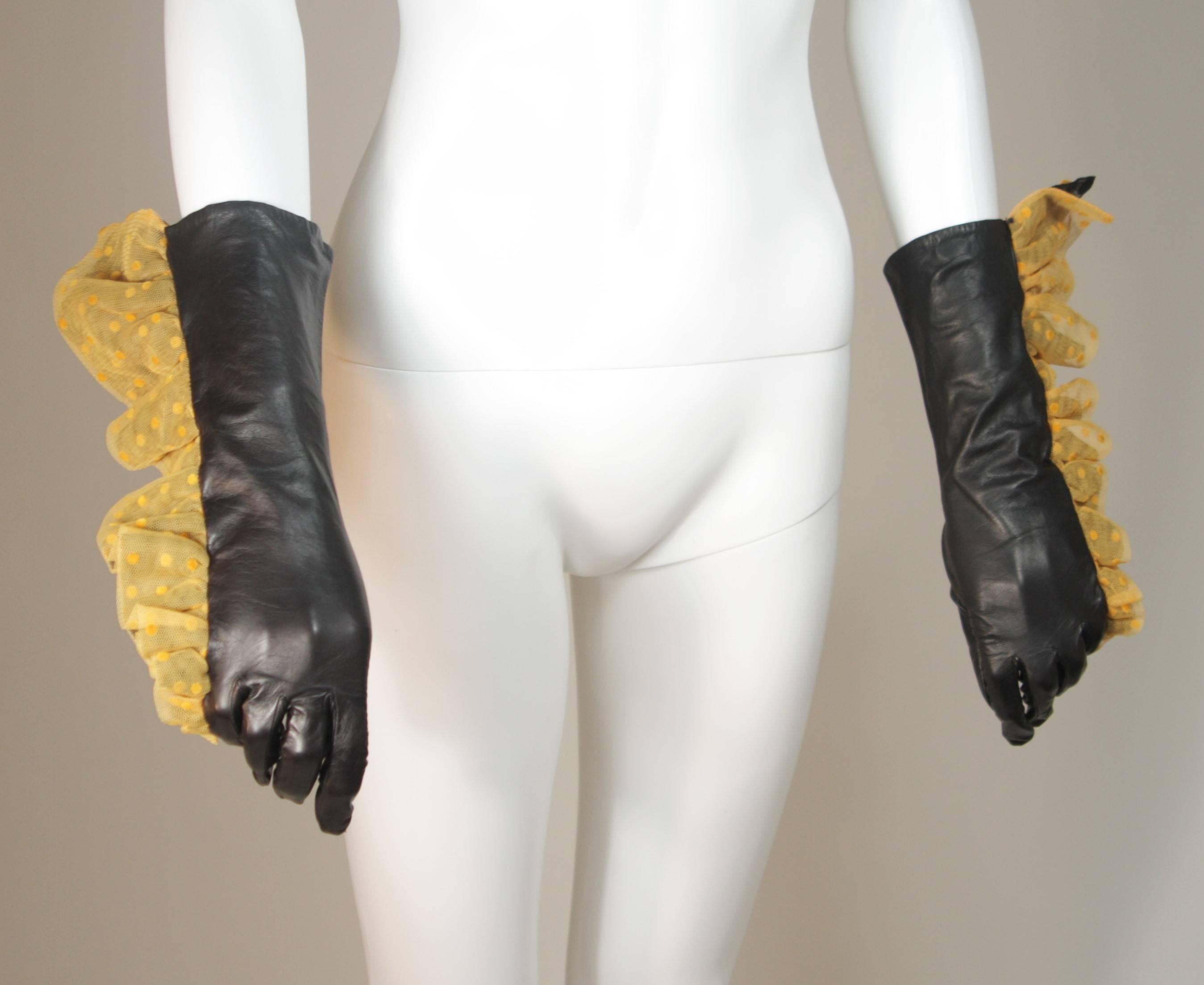 Women's VINTAGE Black Ruffle Gloves With Polka Dot Mesh Size 7