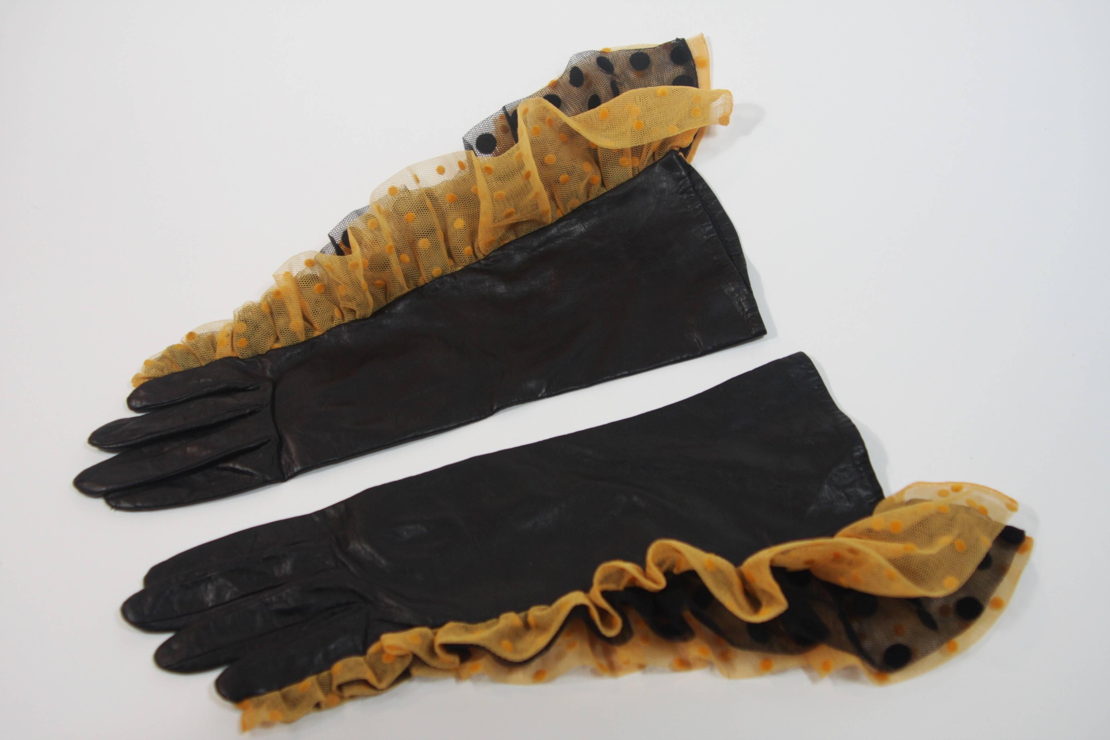 VINTAGE Black Ruffle Gloves With Polka Dot Mesh Size 7 3