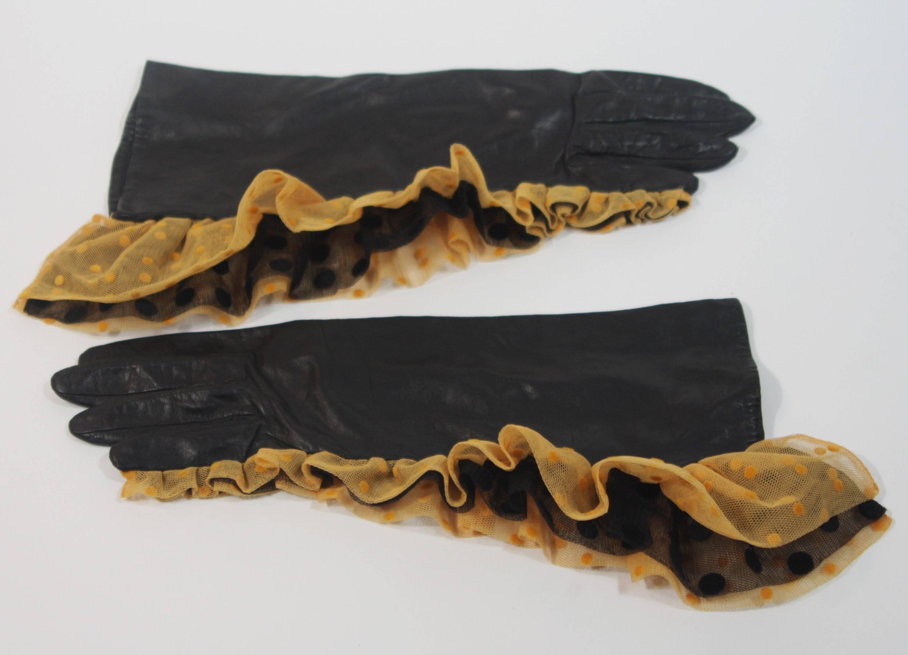 VINTAGE Black Ruffle Gloves With Polka Dot Mesh Size 7 2
