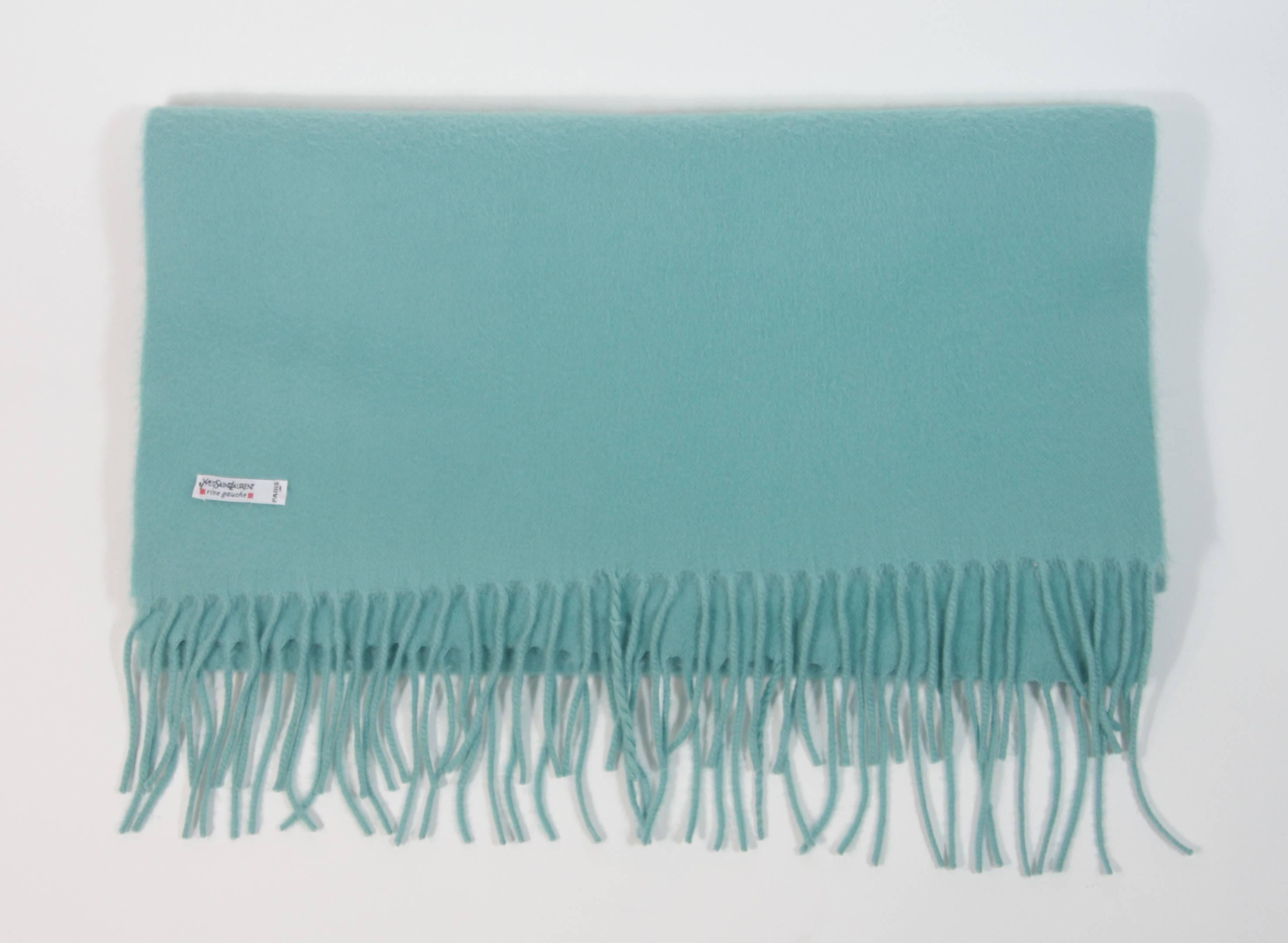 YVES SAINT LAURENT Cashmere Aqua Scarf with Fringe In Excellent Condition In Los Angeles, CA