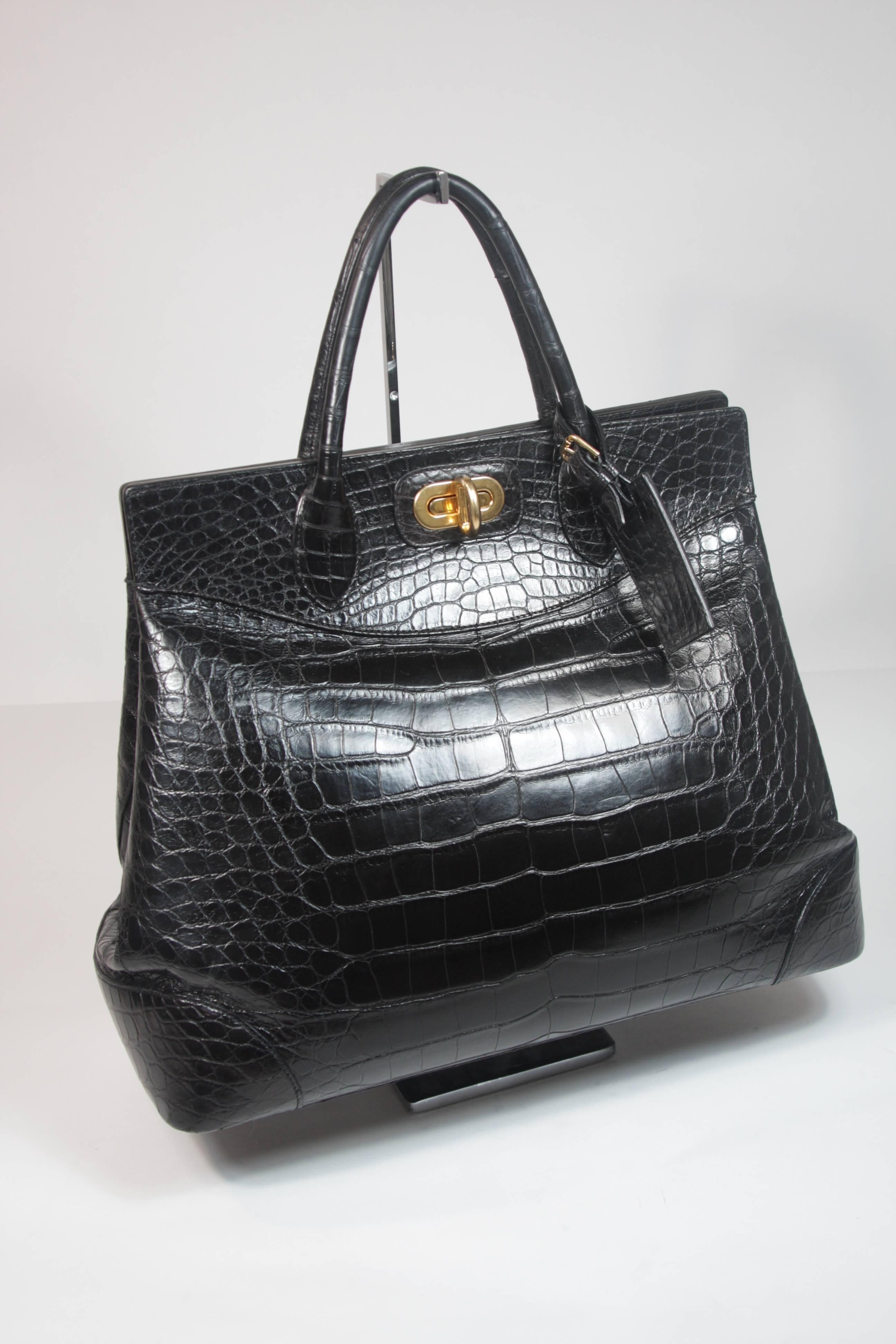 RALPH LAUREN Large Black Alligator Purse with Gold Hardware In Excellent Condition In Los Angeles, CA