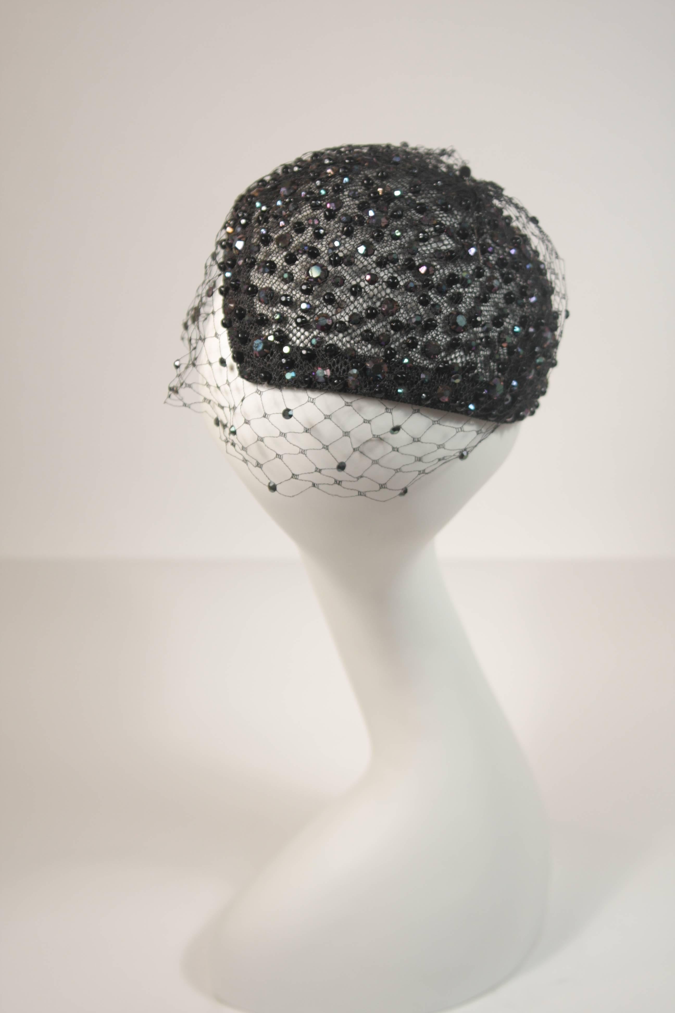 FRANK OLIVE Black Mesh Rhinestone Hat with Netting  In Excellent Condition In Los Angeles, CA