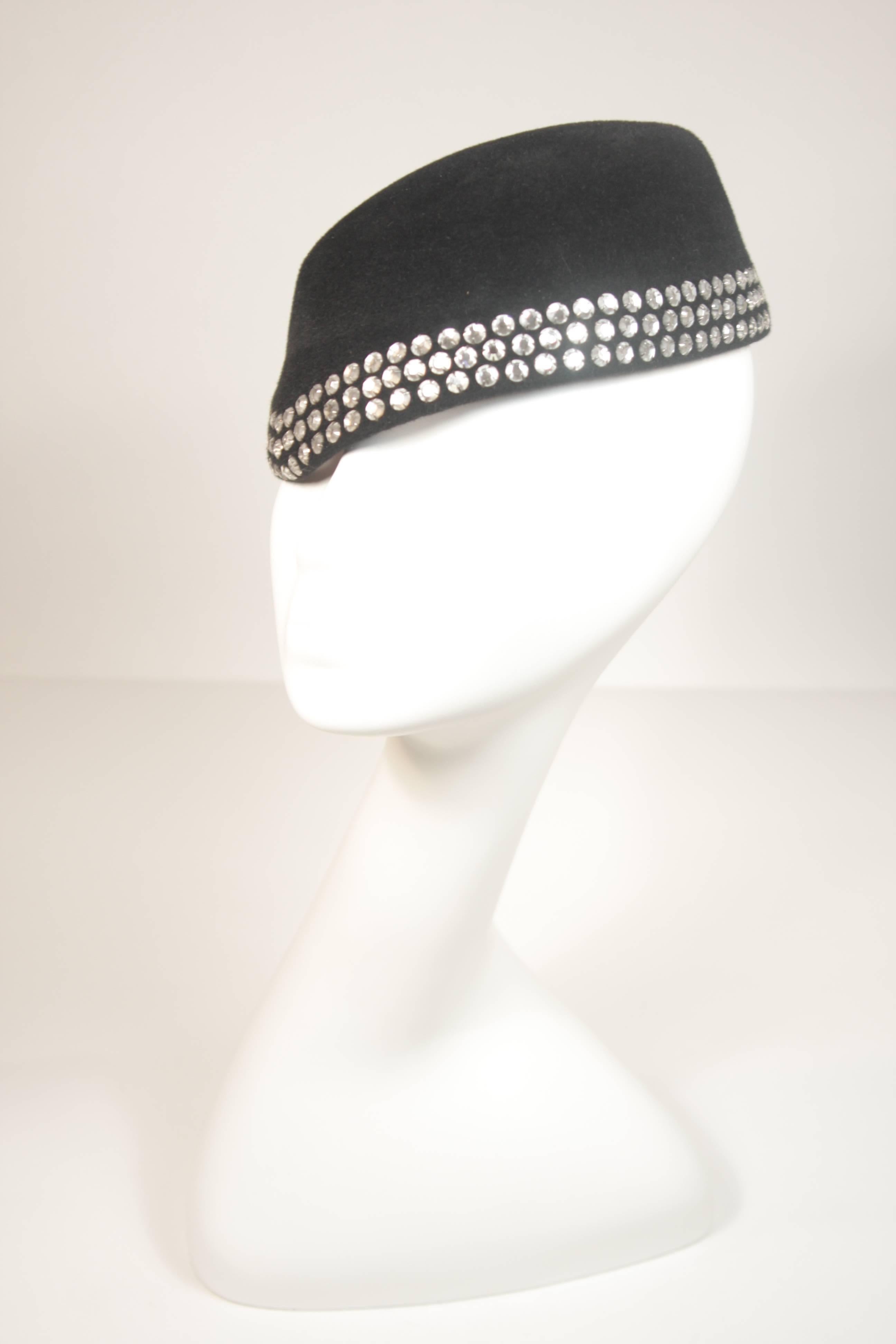 FRANK OLIVE Black Velour Hat with Rhinestones  In Excellent Condition In Los Angeles, CA