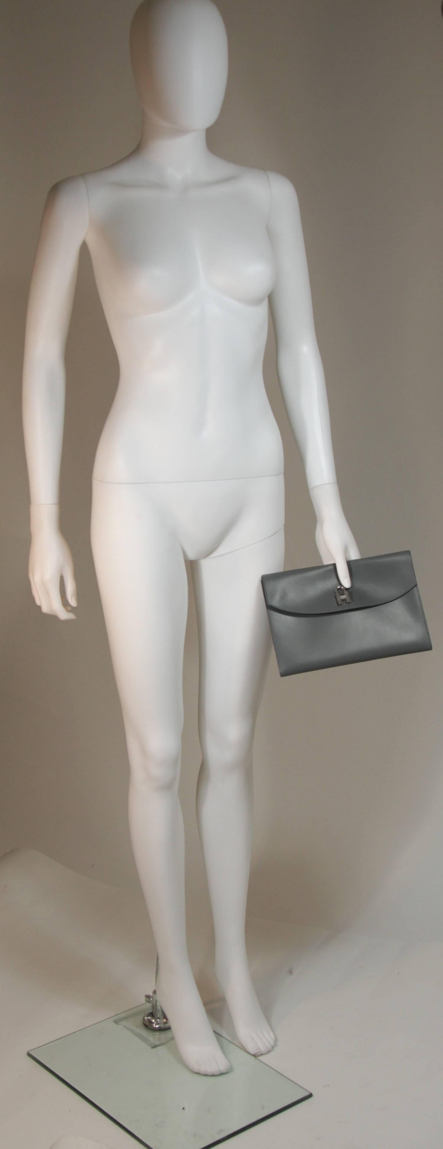 HERMES Grey Leather Envelope Clutch with Silver Padlock Detail 1