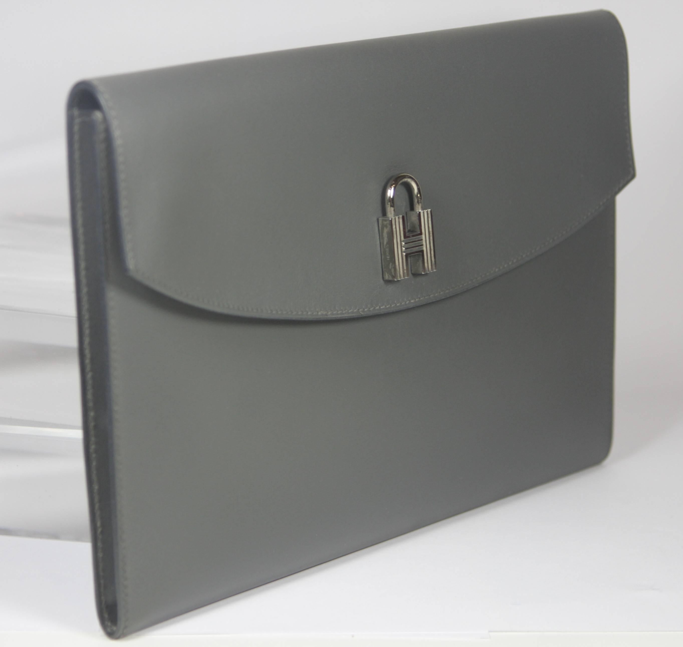 Women's HERMES Grey Leather Envelope Clutch with Silver Padlock Detail