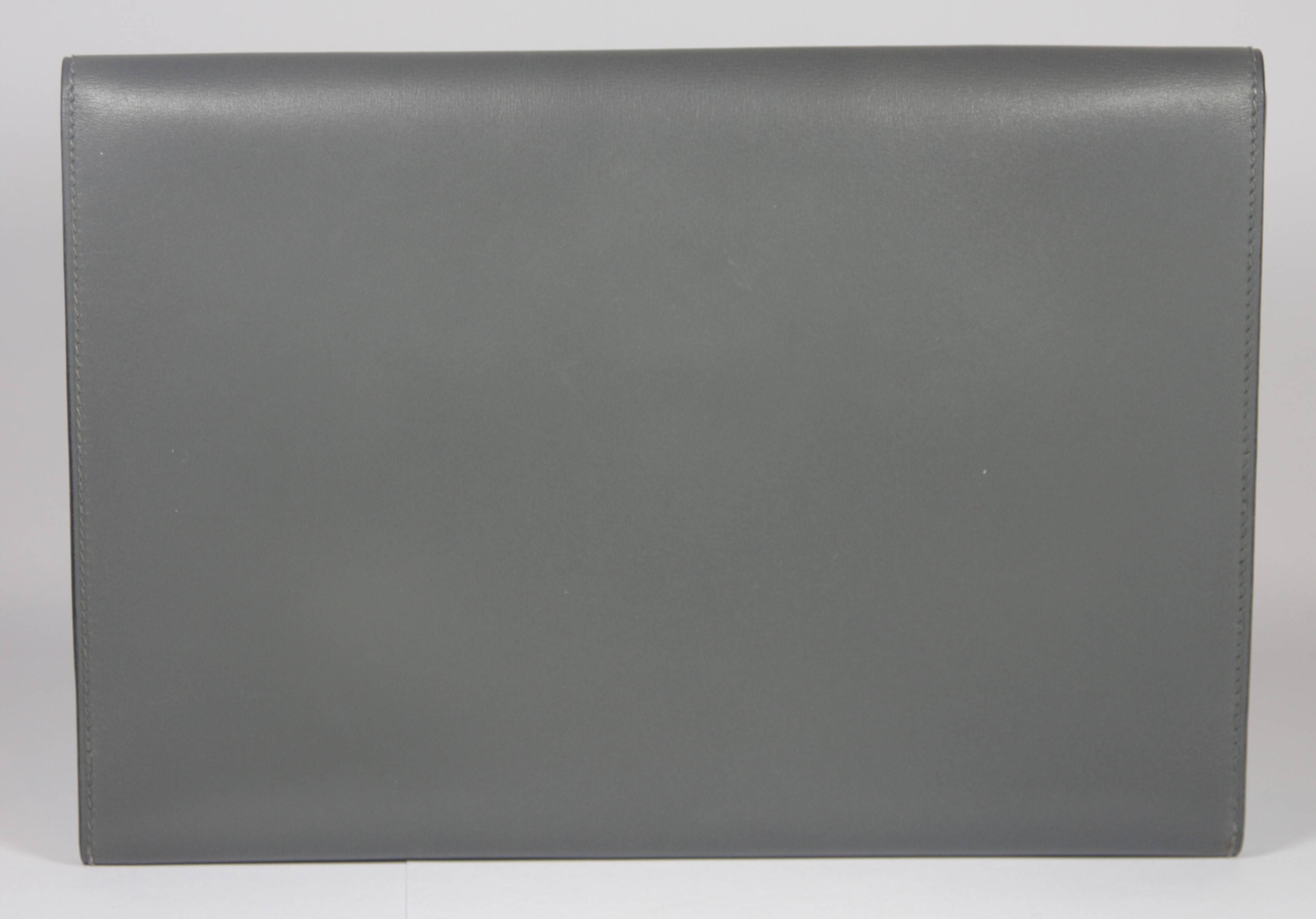 HERMES Grey Leather Envelope Clutch with Silver Padlock Detail 4
