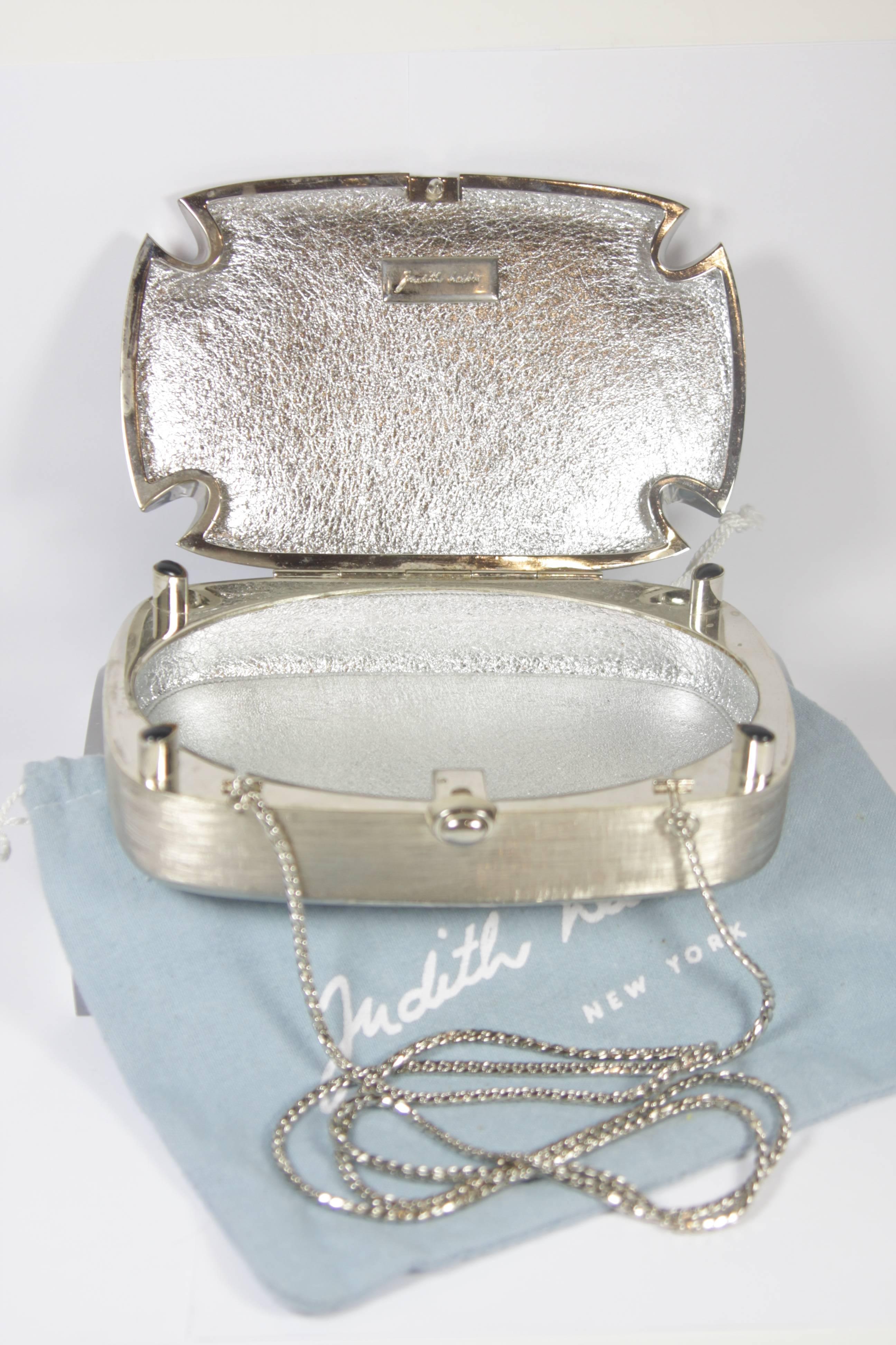  JUDITH LEIBER Brushed Metal Evening Purse with Stone Details Optional Strap For Sale 4