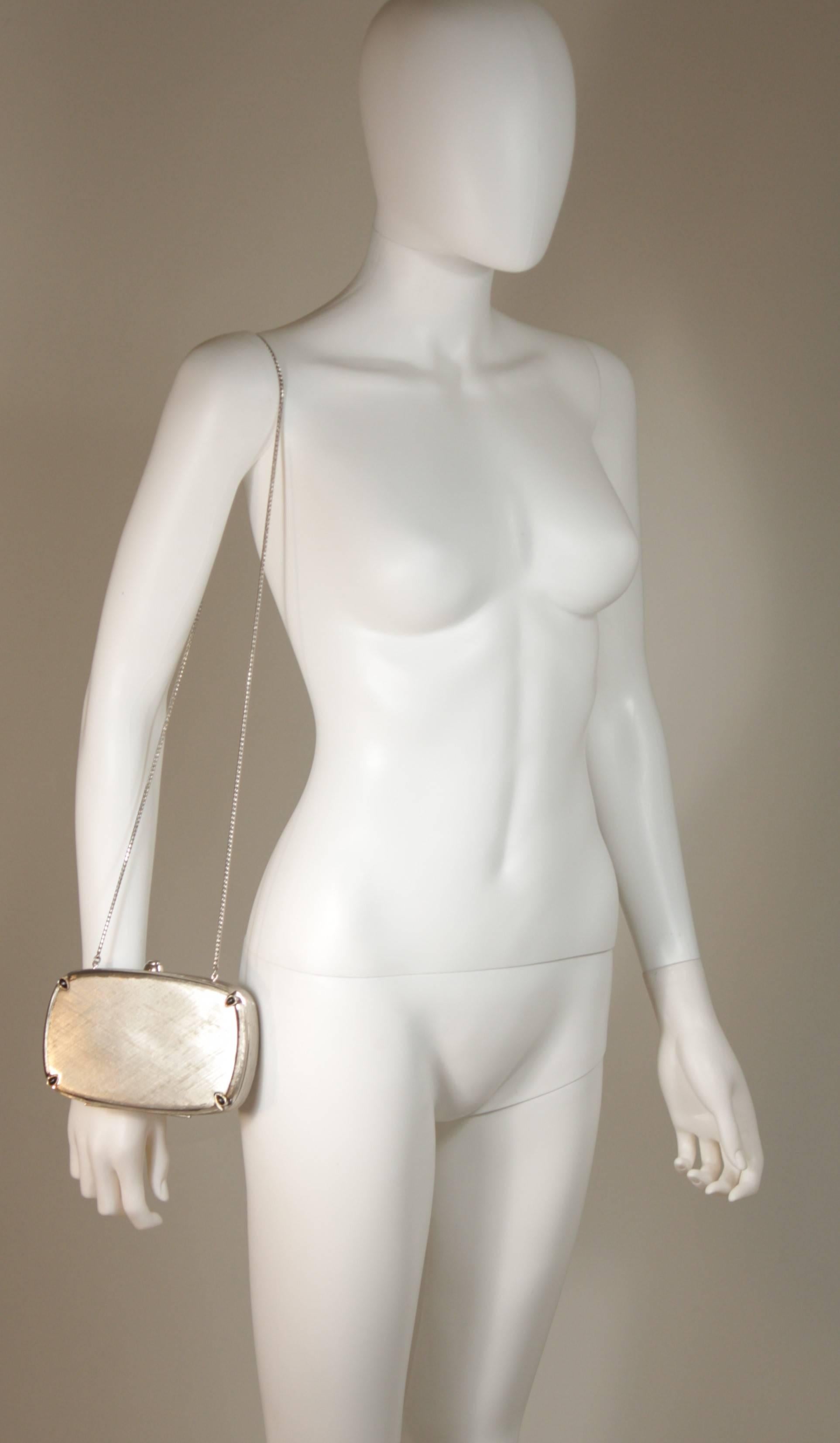  JUDITH LEIBER Brushed Metal Evening Purse with Stone Details Optional Strap In Excellent Condition For Sale In Los Angeles, CA