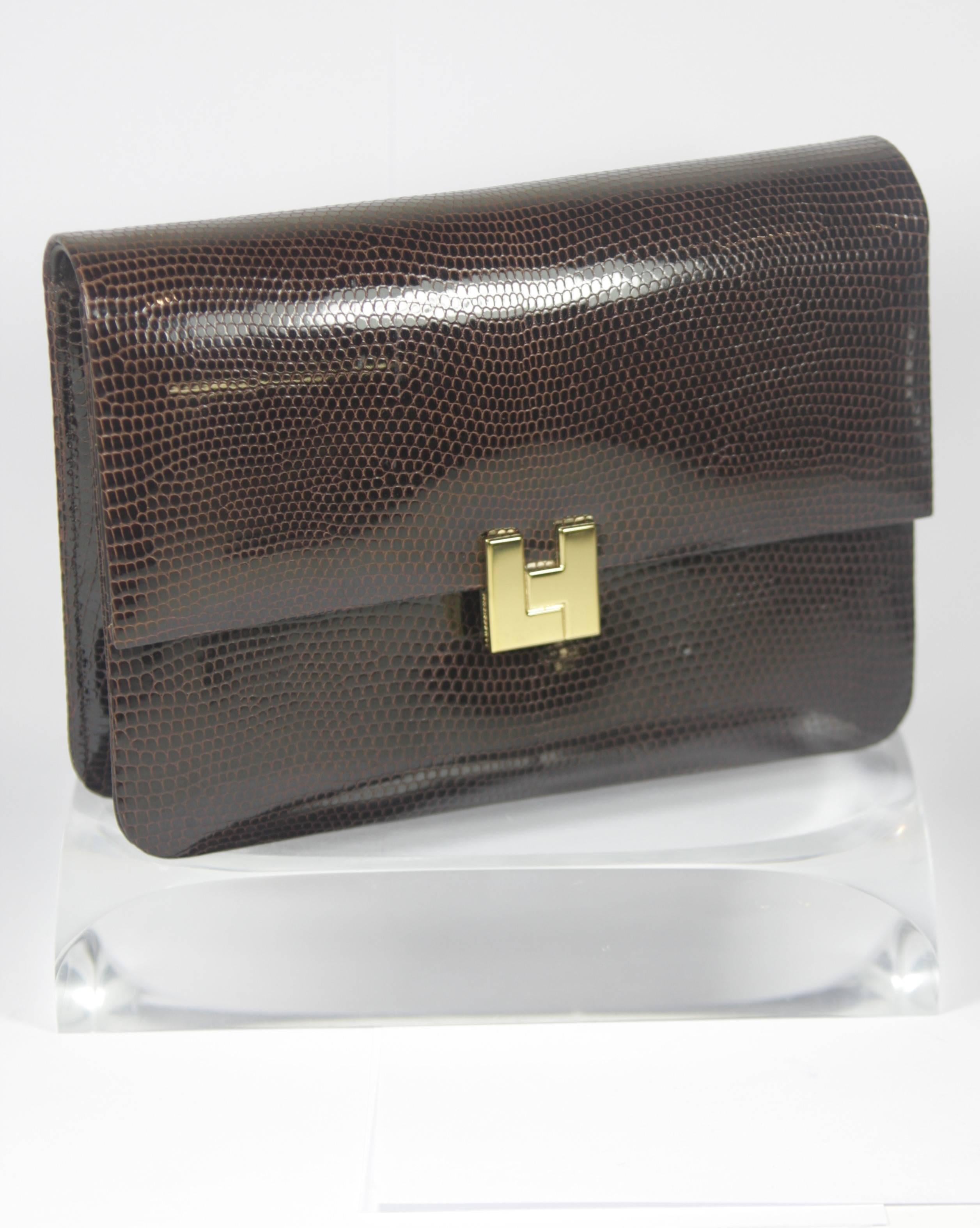 Black LAMBERTSON TRUEX Brown Lizard Clutch with Gold Hardware and Optional Strap