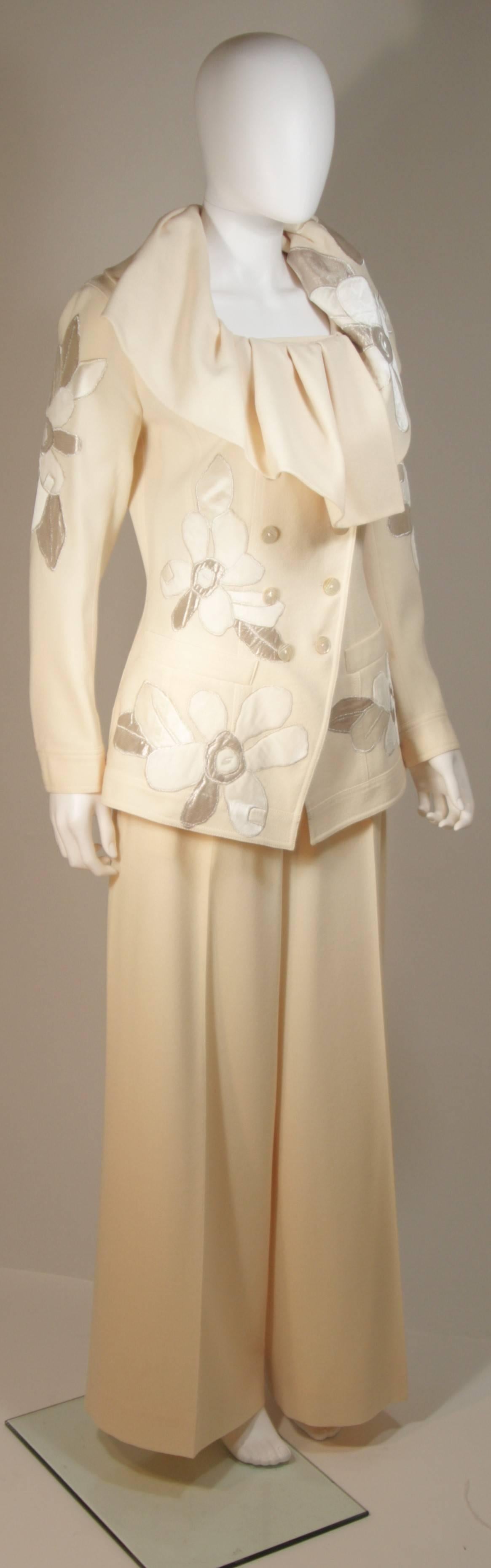 Women's JOHN GALLIANO Ivory Silk Pant Suit with Metallic Applique Size 44 42