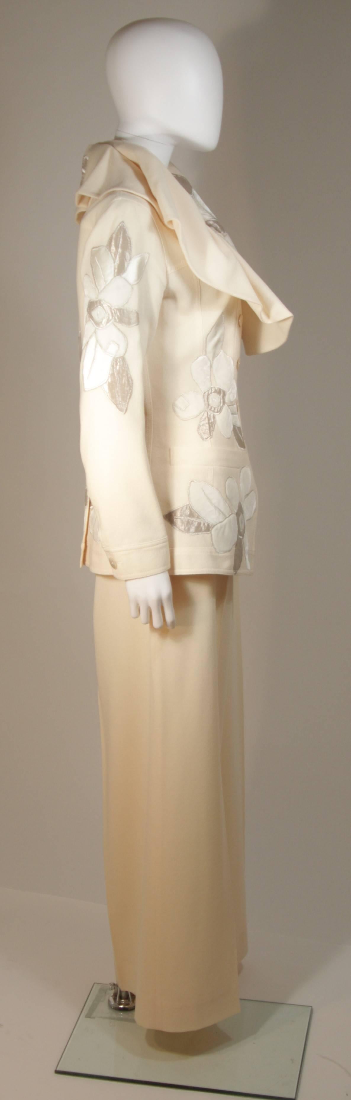 JOHN GALLIANO Ivory Silk Pant Suit with Metallic Applique Size 44 42 1