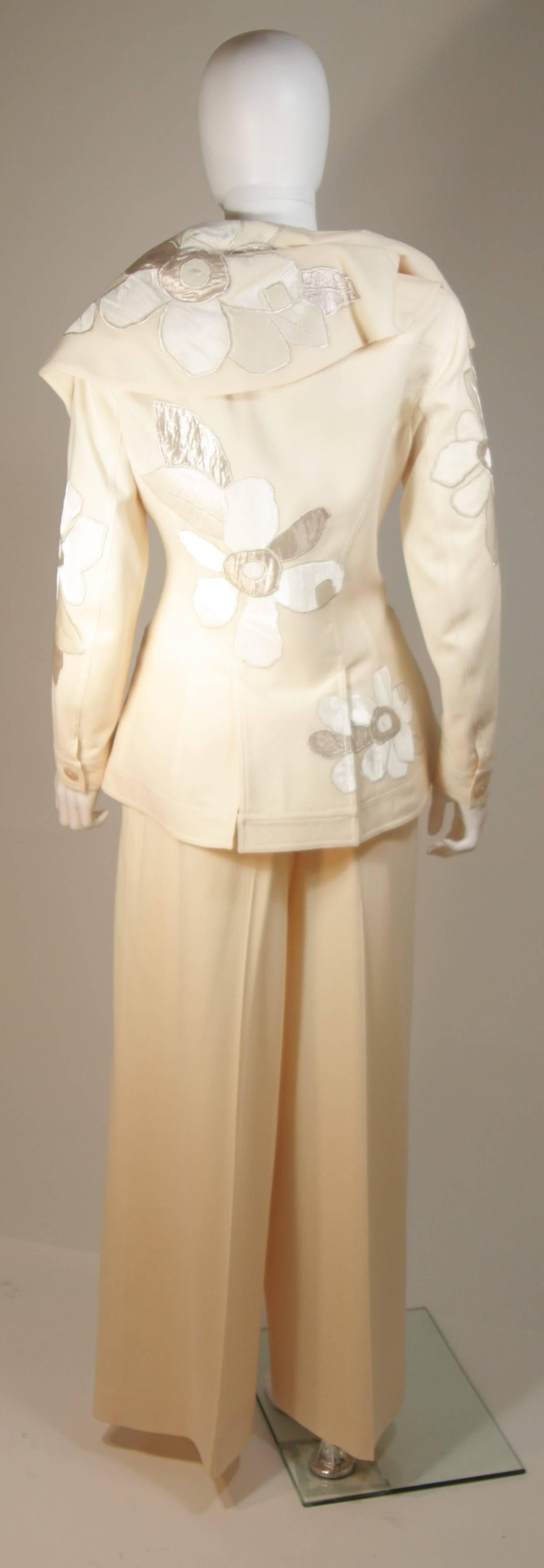 JOHN GALLIANO Ivory Silk Pant Suit with Metallic Applique Size 44 42 2