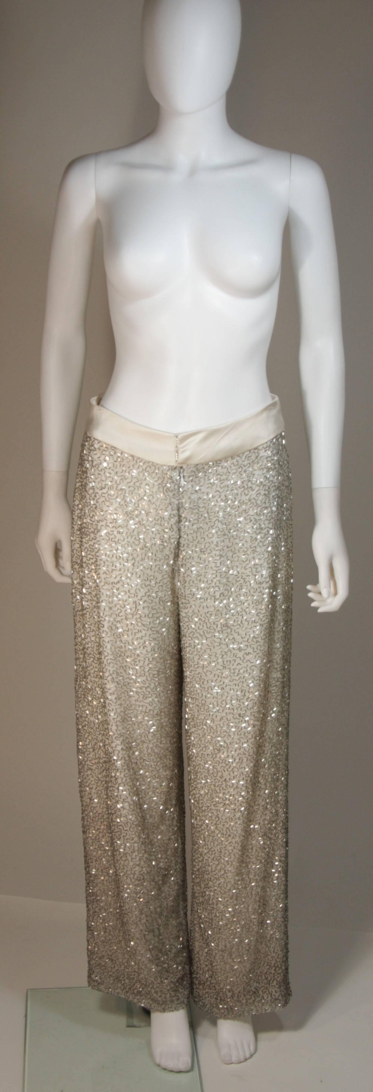 Silver and White Silk Beaded Pant Suit with Palazzo Pants Size Medium Large For Sale 4
