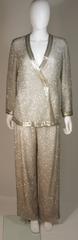 Silver and White Silk Beaded Pant Suit with Palazzo Pants Size Medium Large