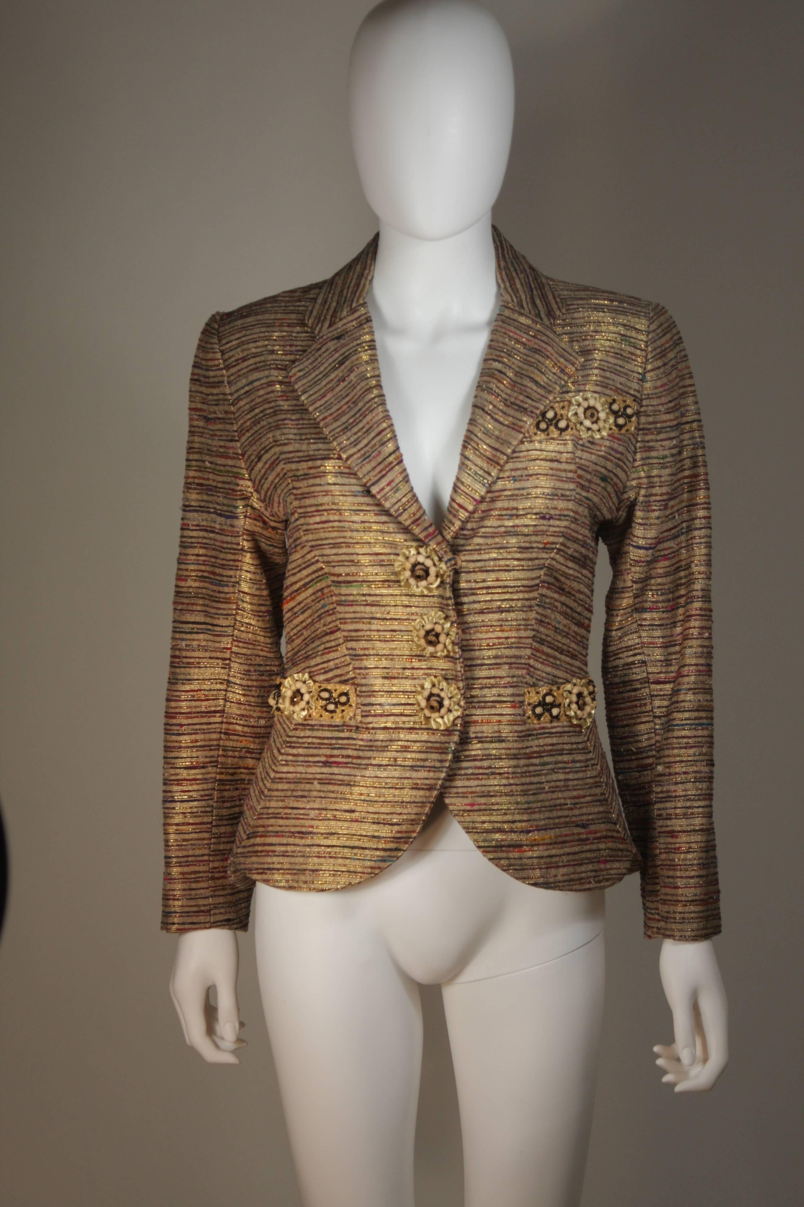 Women's ZANDRA RHODES Metallic Raw Silk Skirt Suit with Applique Size 8 For Sale
