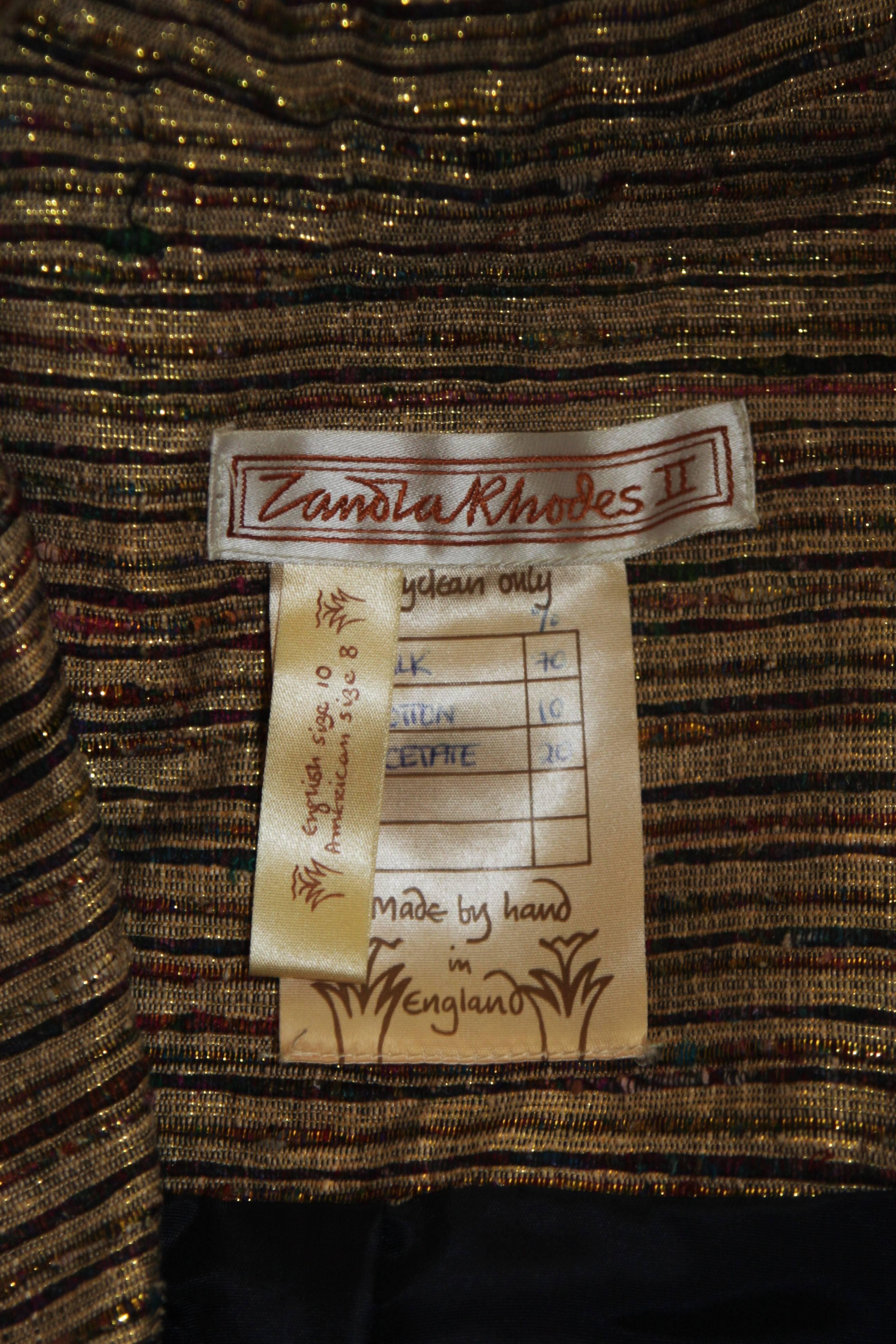 ZANDRA RHODES Metallic Raw Silk Skirt Suit with Applique Size 8 For Sale 2