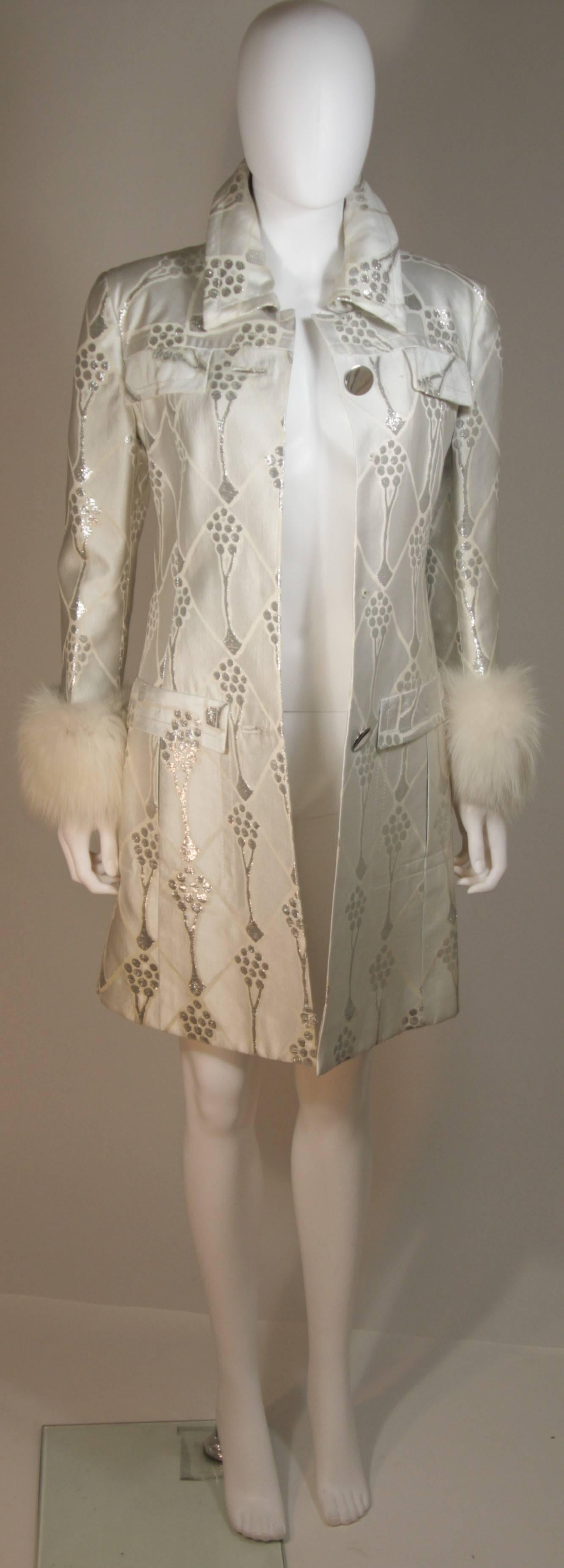 FONTANA ROMA White and Silver Metallic Twill Dress Coat Set with Fox Trim Small 1