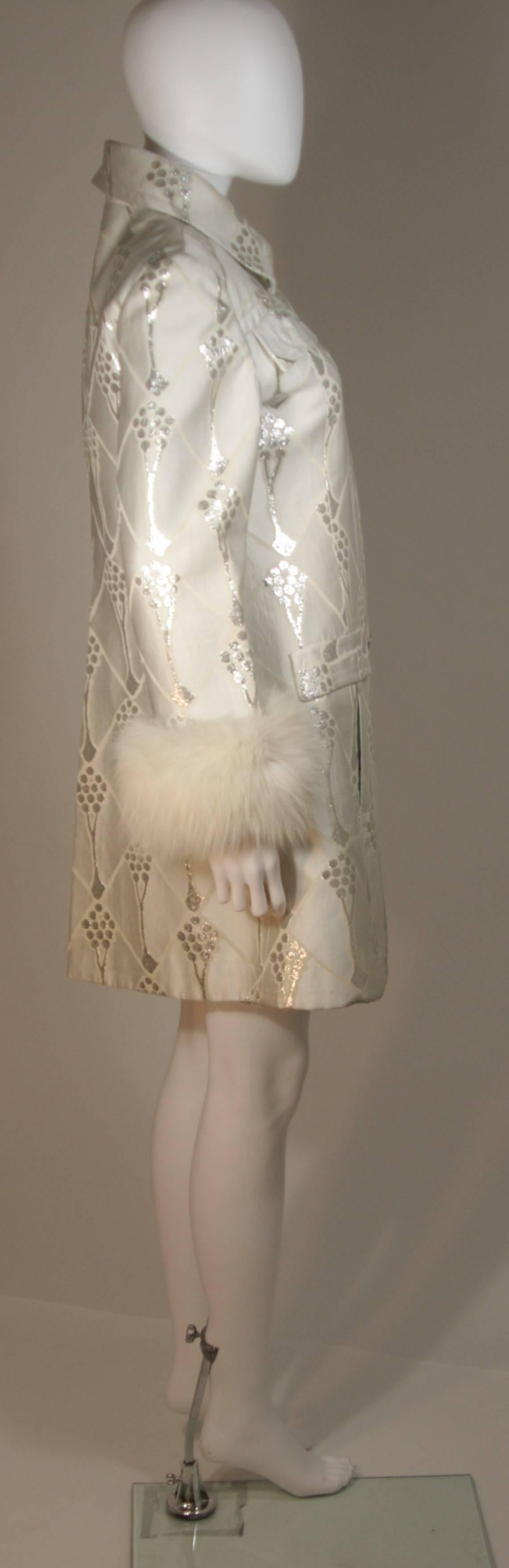 Brown FONTANA ROMA White and Silver Metallic Twill Dress Coat Set with Fox Trim Small