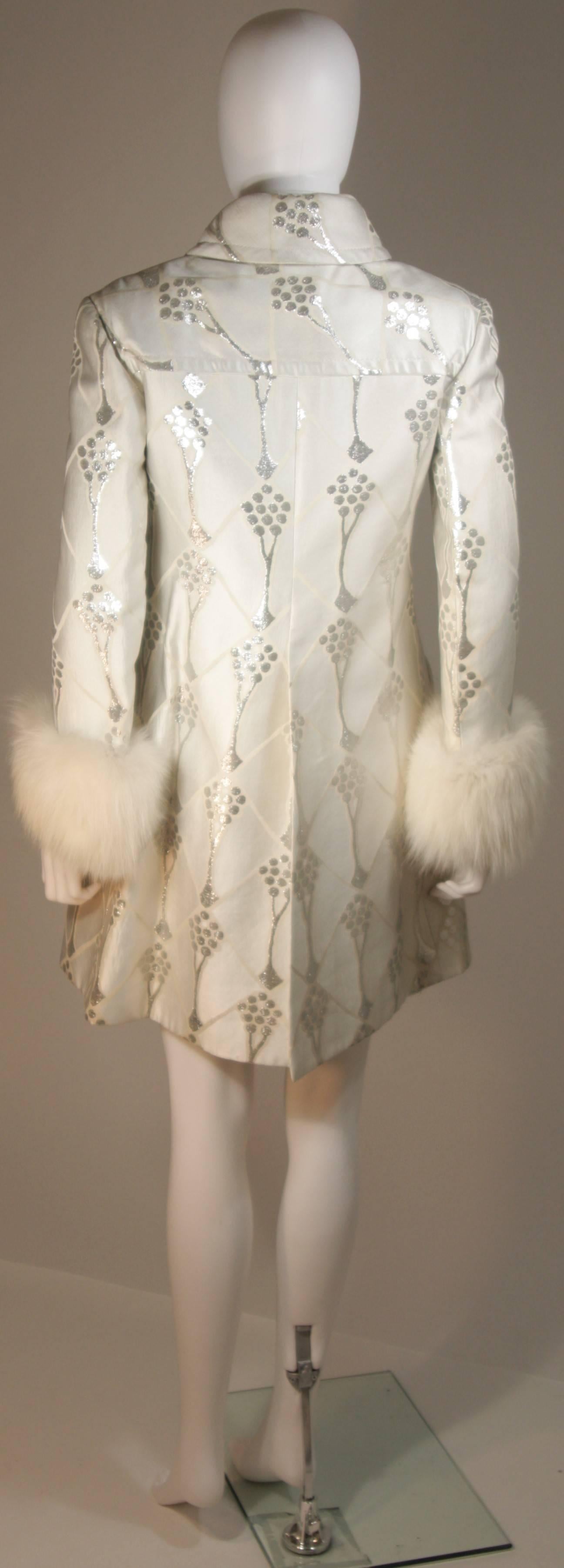 Women's FONTANA ROMA White and Silver Metallic Twill Dress Coat Set with Fox Trim Small