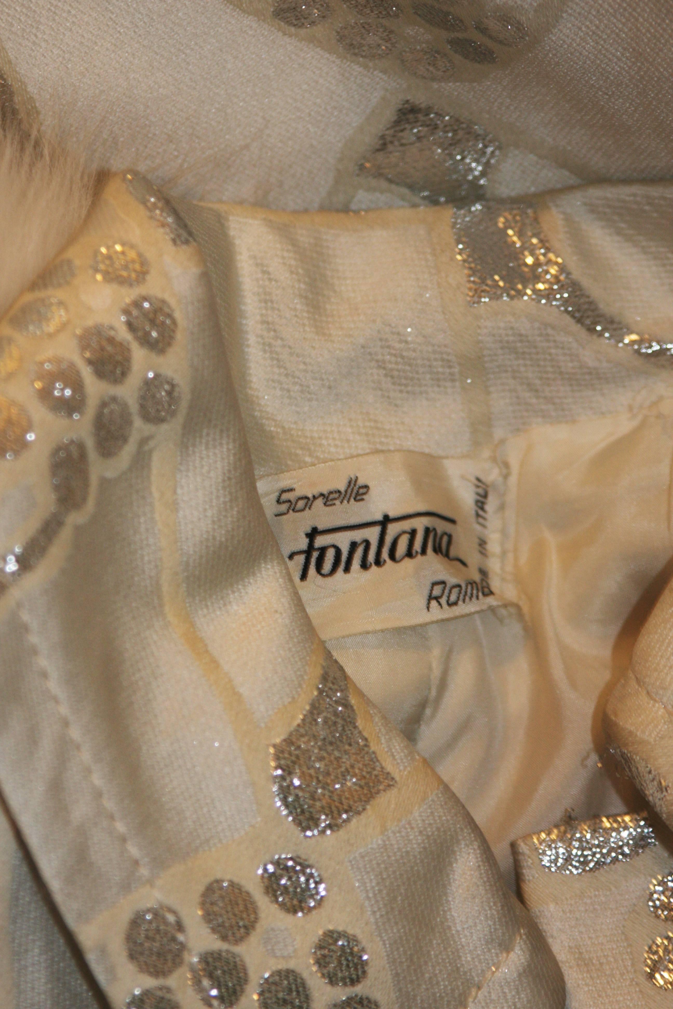 FONTANA ROMA White and Silver Metallic Twill Dress Coat Set with Fox Trim Small 2