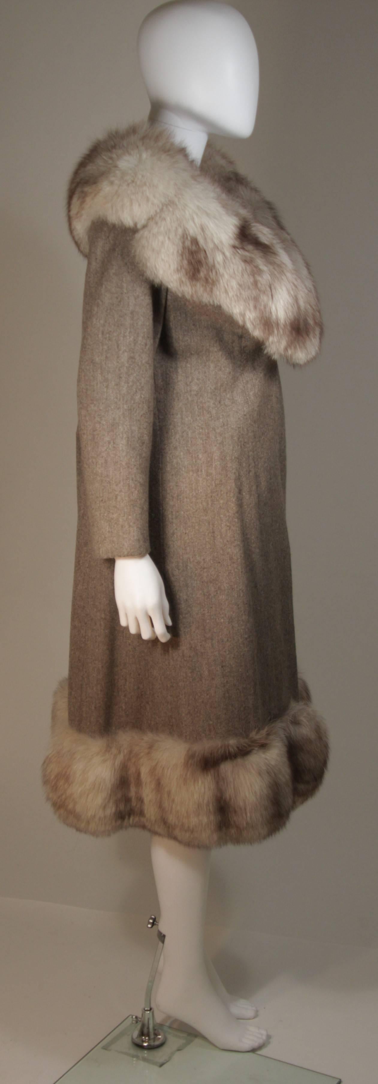 NOLAN MILLER Brown Wool Coat and Skirt Ensemble with Fox Fur Trim Size 4 6 In Excellent Condition In Los Angeles, CA