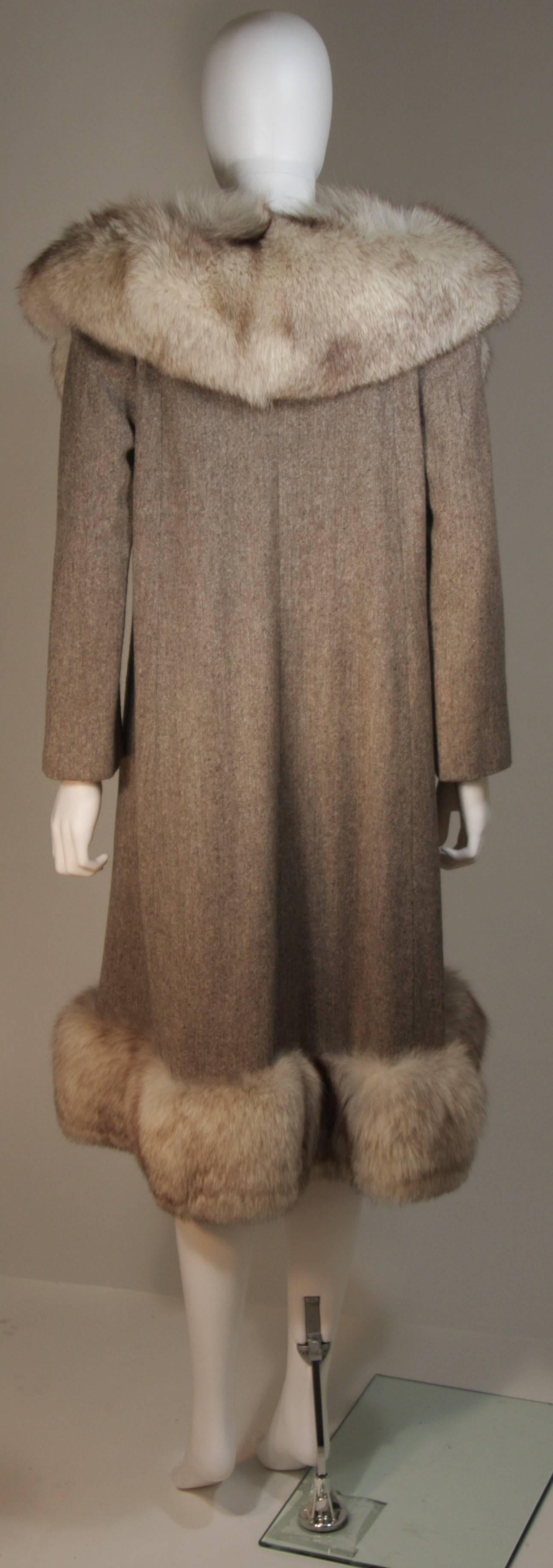 NOLAN MILLER Brown Wool Coat and Skirt Ensemble with Fox Fur Trim Size 4 6 1
