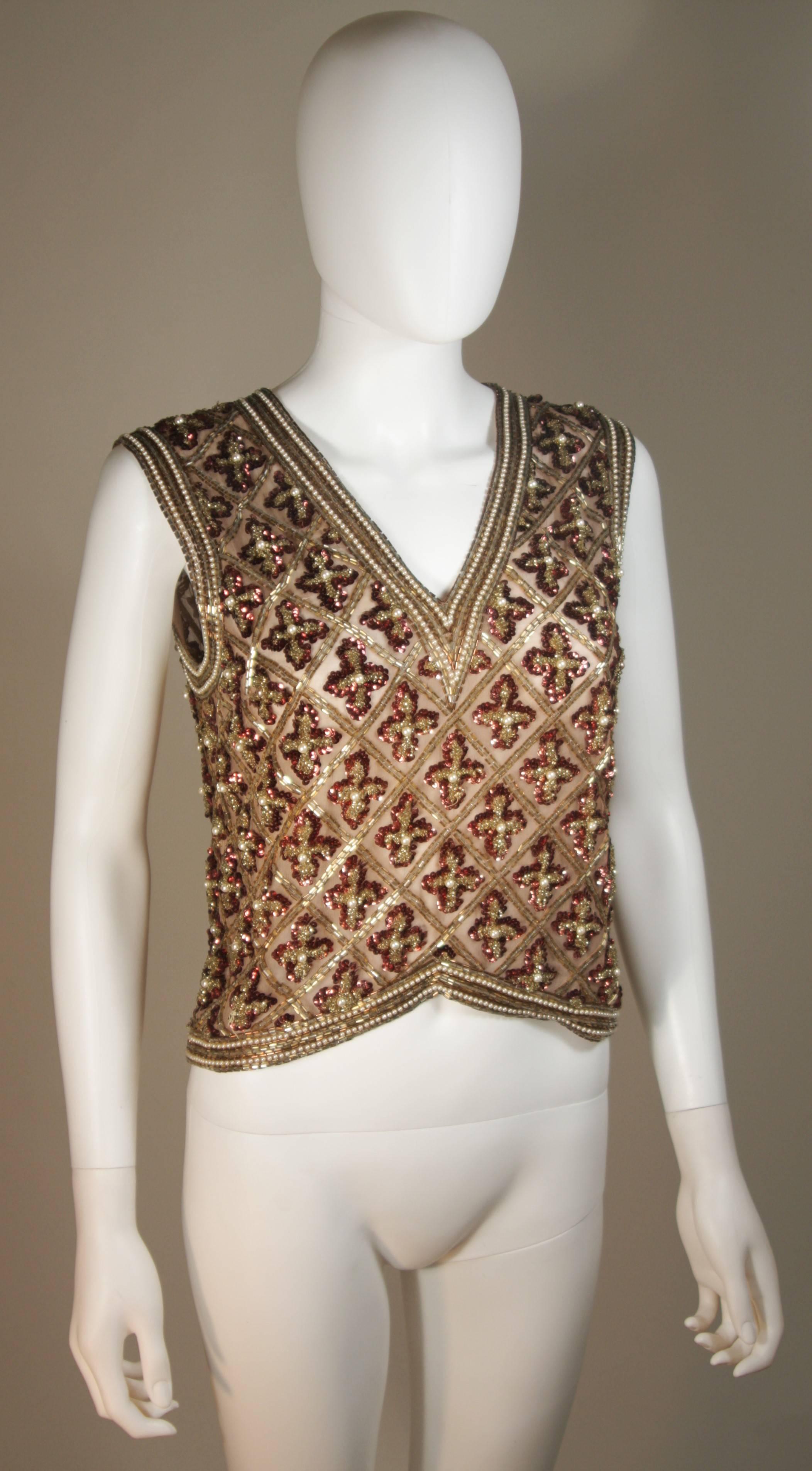 Brown Attributed to GALANOS Gold and Burgundy Relief Beaded Blouse Size Small Medium For Sale