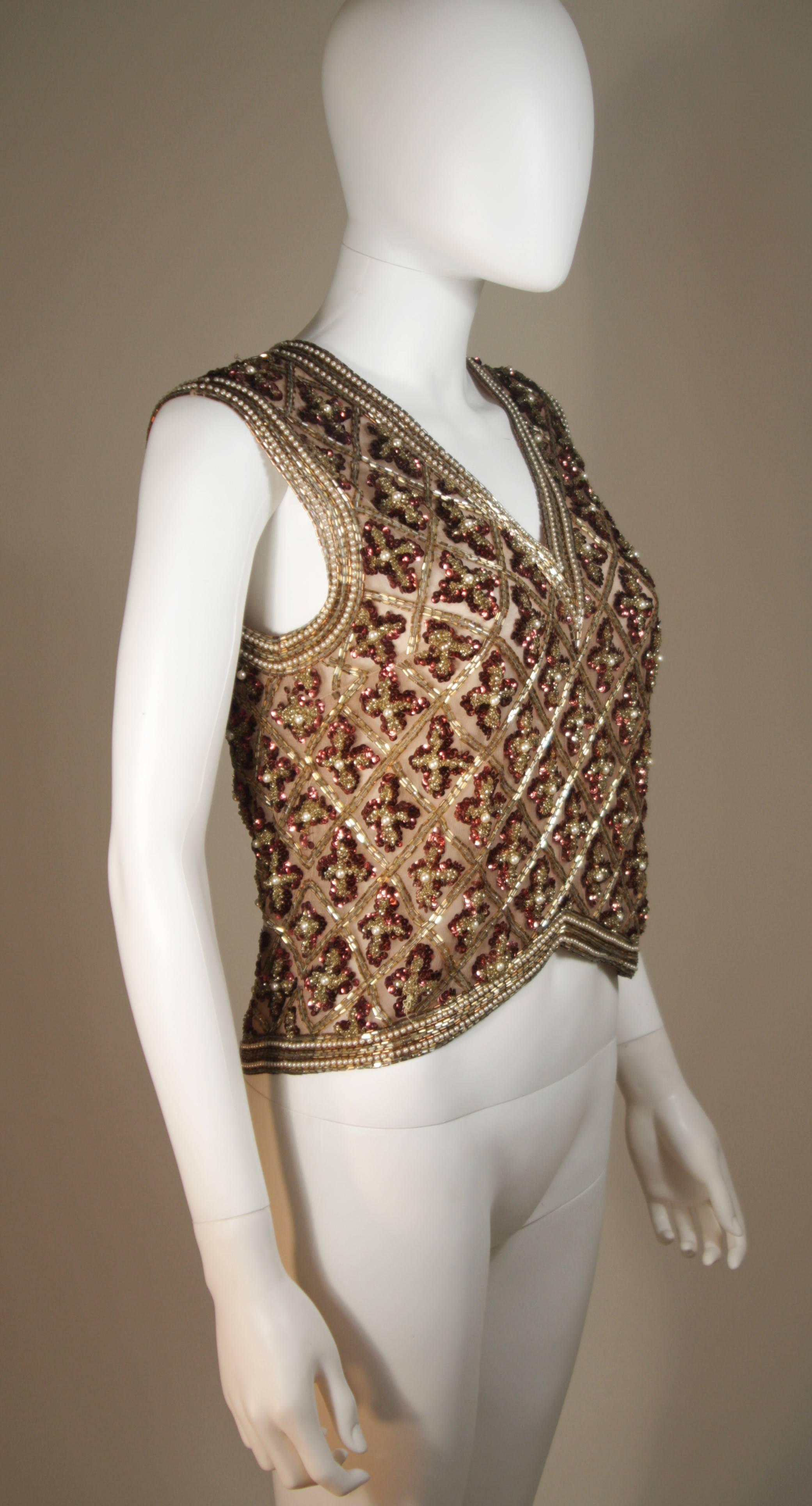 Attributed to GALANOS Gold and Burgundy Relief Beaded Blouse Size Small Medium For Sale 1