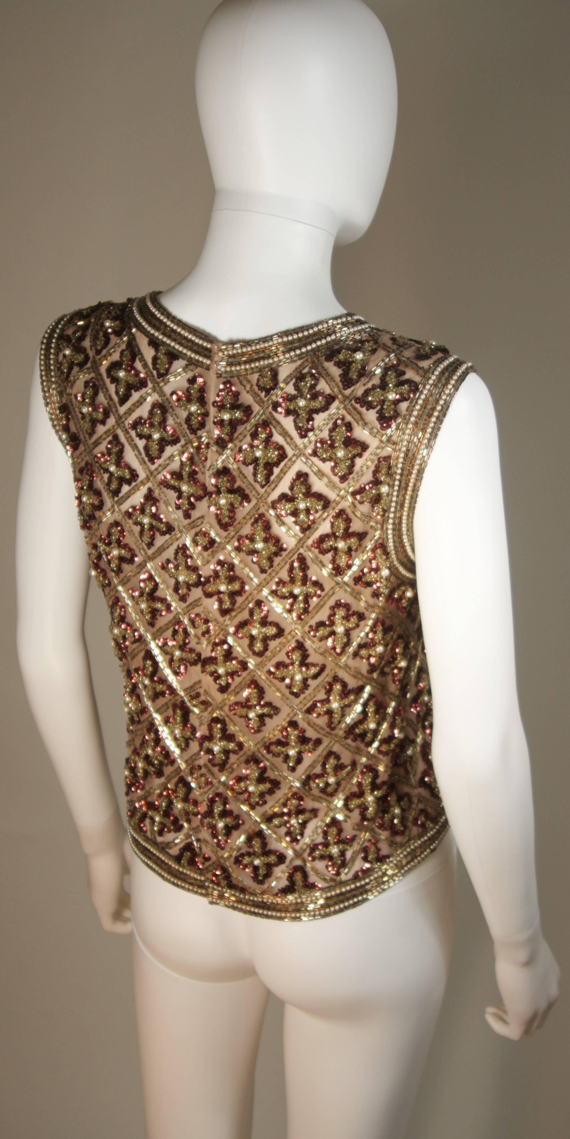 Attributed to GALANOS Gold and Burgundy Relief Beaded Blouse Size Small Medium For Sale 3