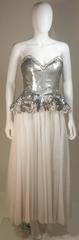 FABRICE NEW YORK COUTURE Silver Sequin Bustier Gown with Mesh Skirt Size Small