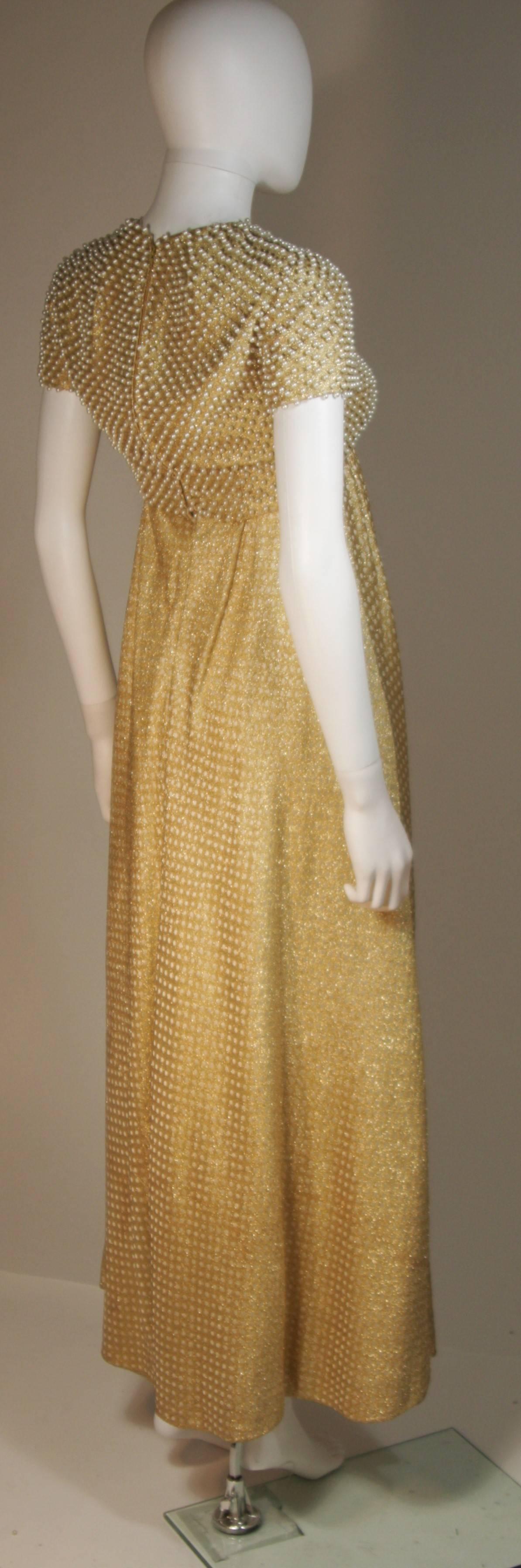 GEOFFREY BEENE 1960's Gold Lame Pearl Bodice Baby Doll Gown Size 2-4 In Excellent Condition For Sale In Los Angeles, CA