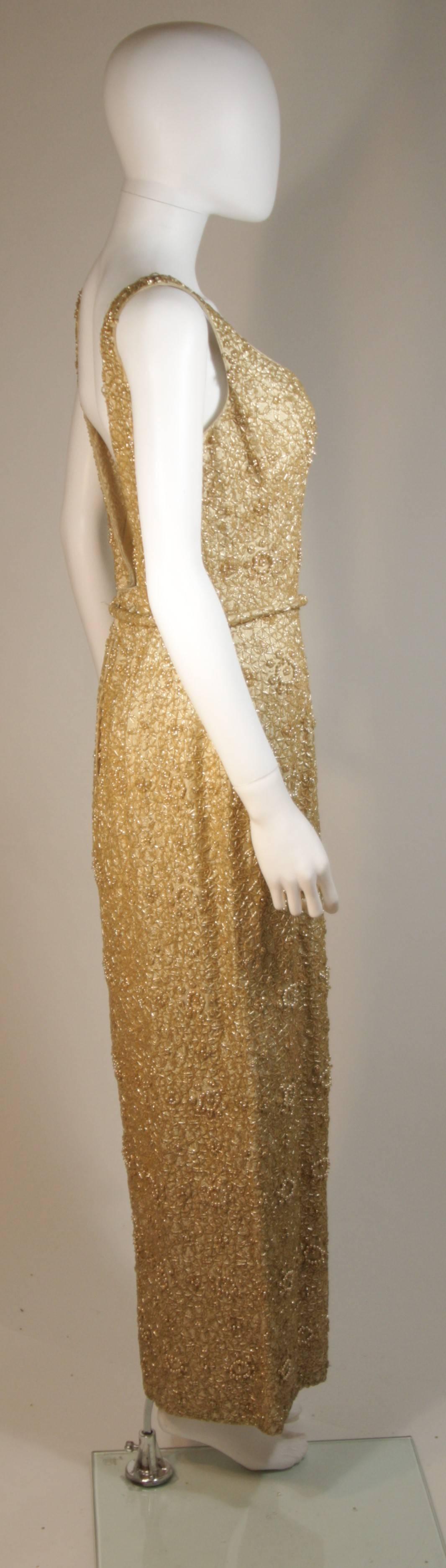 Brown HAUTE COUTURE INT'L Gold Heavily Beaded Gown with Belt Size Large  For Sale